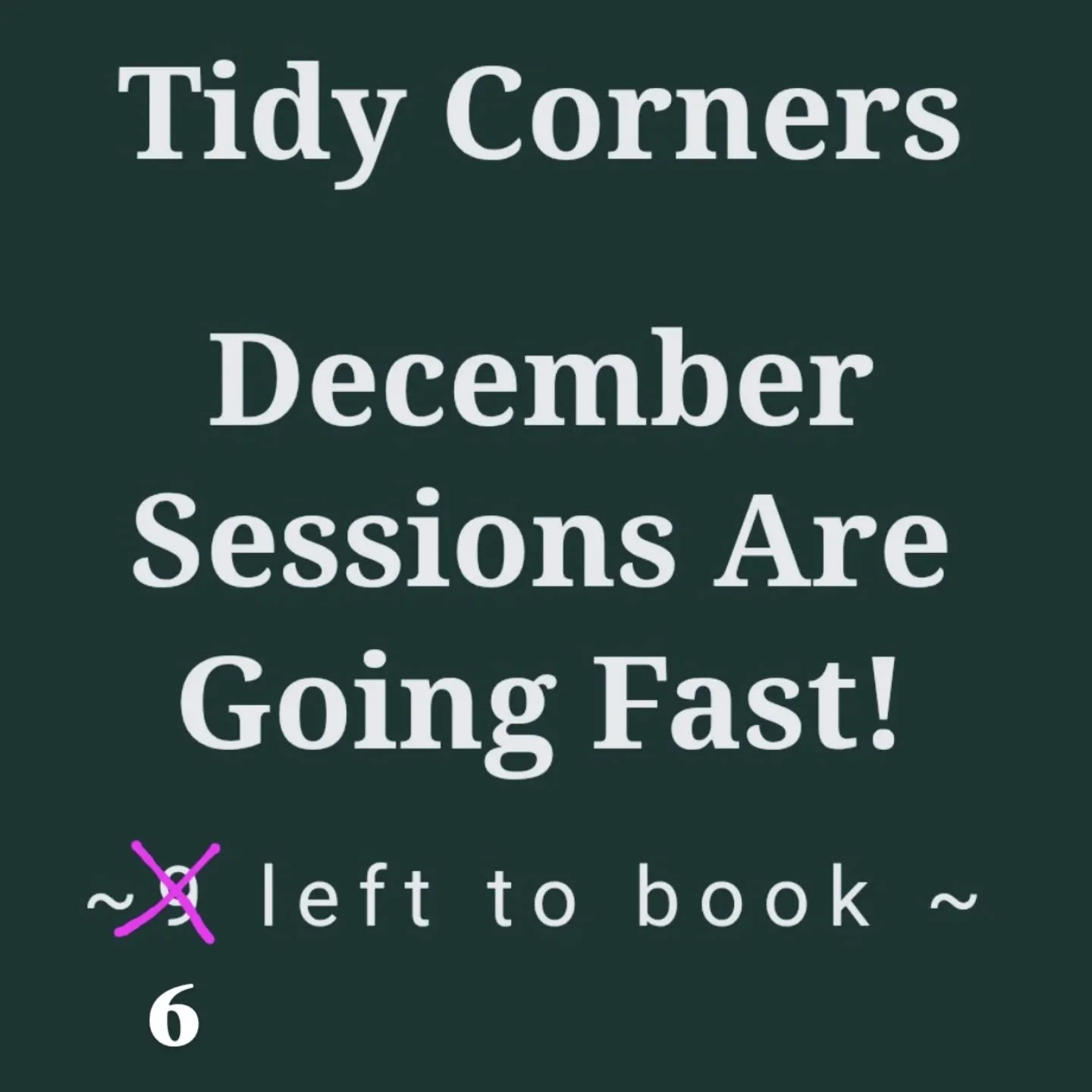 How are we nearly in Da, da, da...D E C E M B E R ? 😬🫣🥴 The post says it all, not many sessions left to finish off the year! We've gone from 9 to 6 sessions available!

Book your Tidy session asap if you wanna get in before the end of the year &am