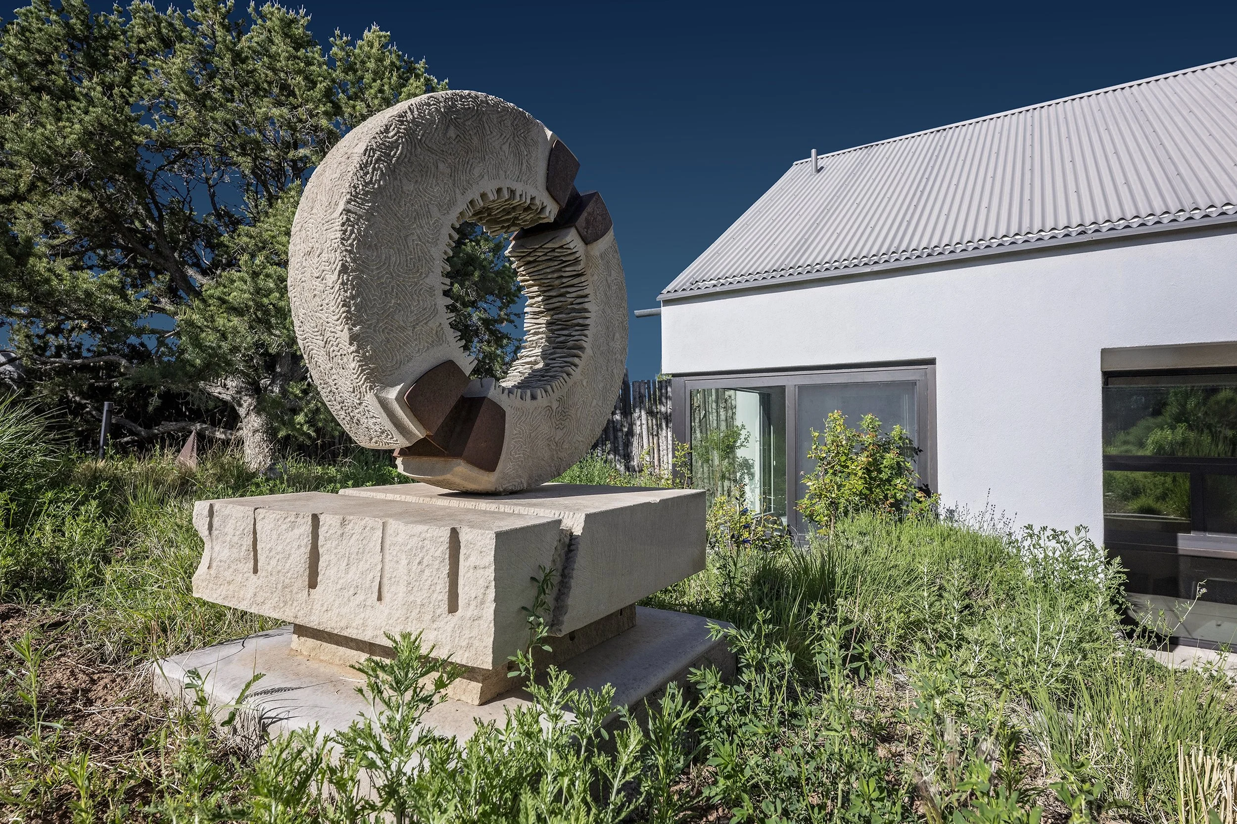 Exterior sculpture at contemporary house in Santa Fe