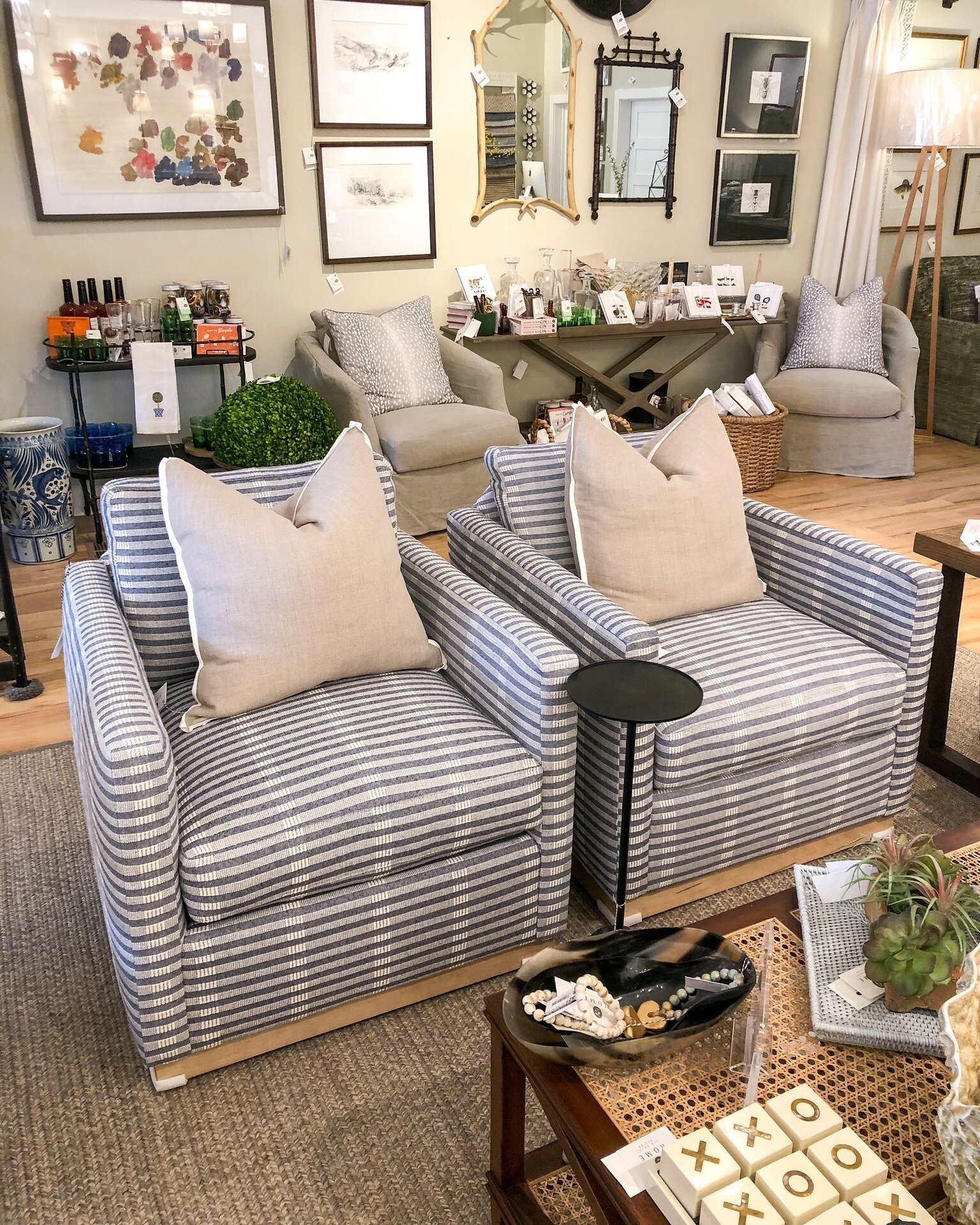 Have you been in the store recently? We've added some fun upholstered furniture to the showroom floor like these gorgeous blue and white chairs! These chairs are built with strong lines and understated class. With a swivel base, they're a comfortable