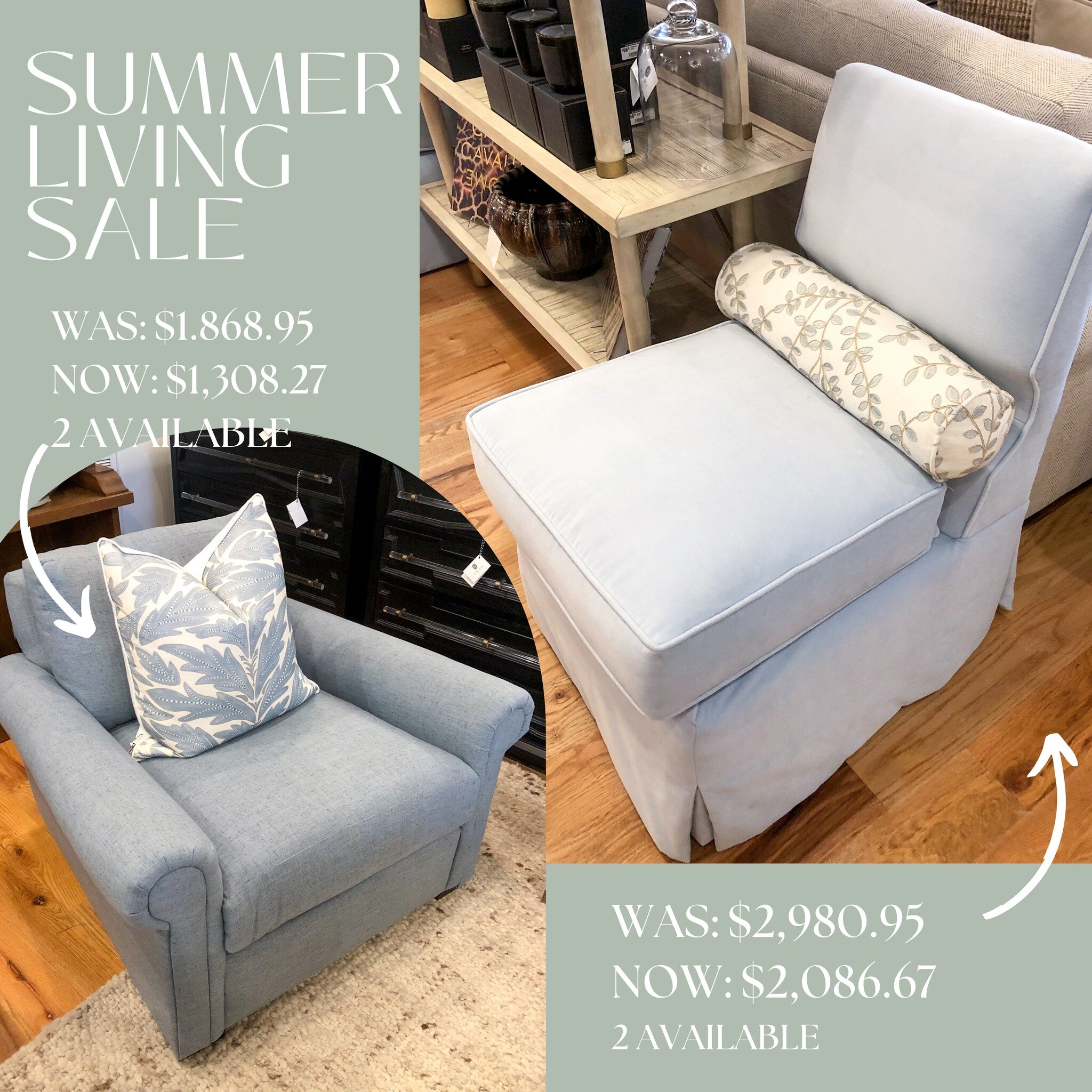 SUMMER LIVING SALE | From now until the sale, starting July 5th, we will be posting some amazing deals throughout the store. Here are two beautiful blue chairs we currently have on the floor. If you have any questions or would like more information, 