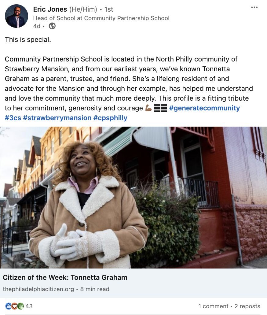 We couldn't have said it better ourselves, Mr. Jones. So honored to be in partnership with Community Champion, Tonnetta Graham! 🎉 

Read about Tonnetta's impact at the link in our bio!
 #3cs #cpsphilly #generatecommunity #strawberrymansion