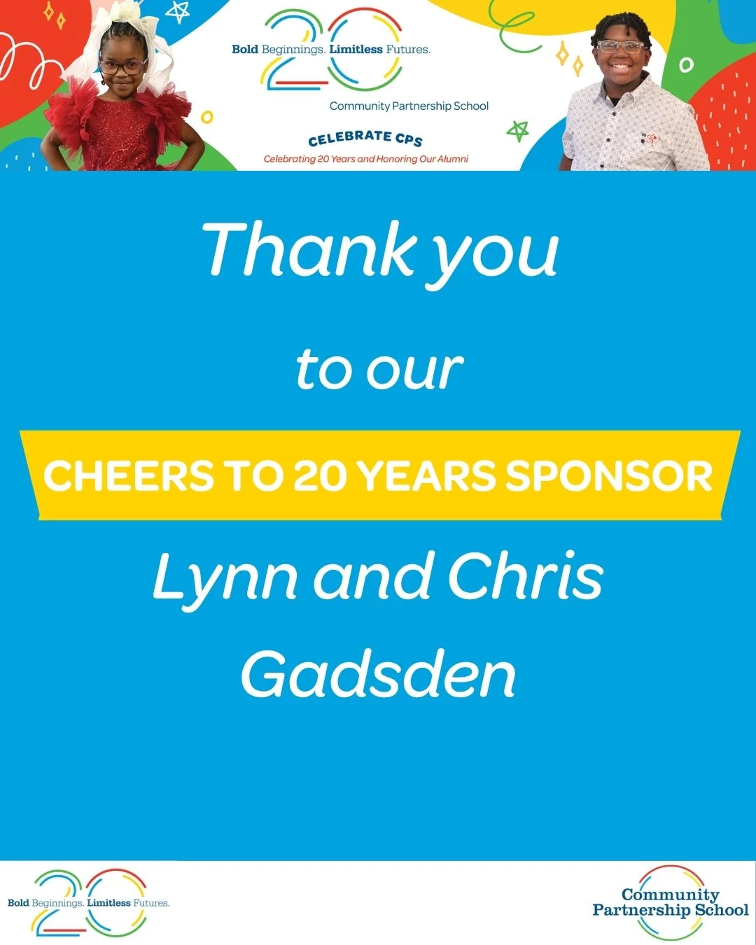 Thank you to our Cheers to 20 Years Sponsor, Lynn and Chris Gadsden, for supporting Celebrate CPS 2026 and helping us celebrate 20 years of CPS! 🌟

Join us on May 21 at Fairmount Water Works as we honor 20 years of impact and celebrate our amazing a