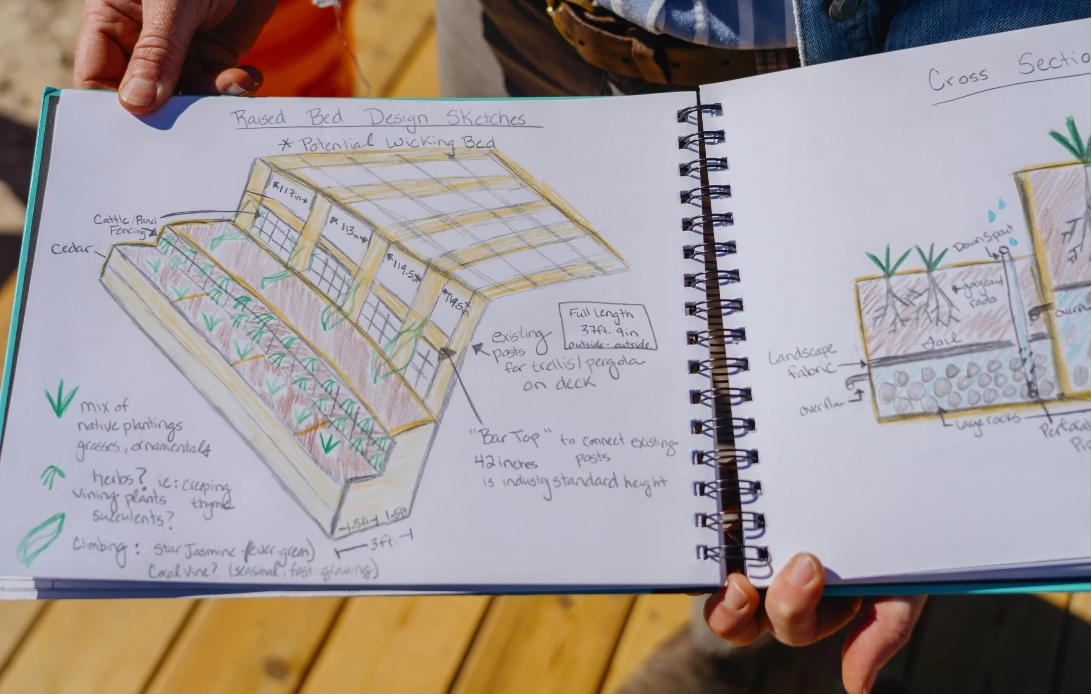 Sketch of a raised bed garden design with annotations showing dimensions, plantings, and materials. Hand holding the sketchbook outdoors on a wooden deck.
