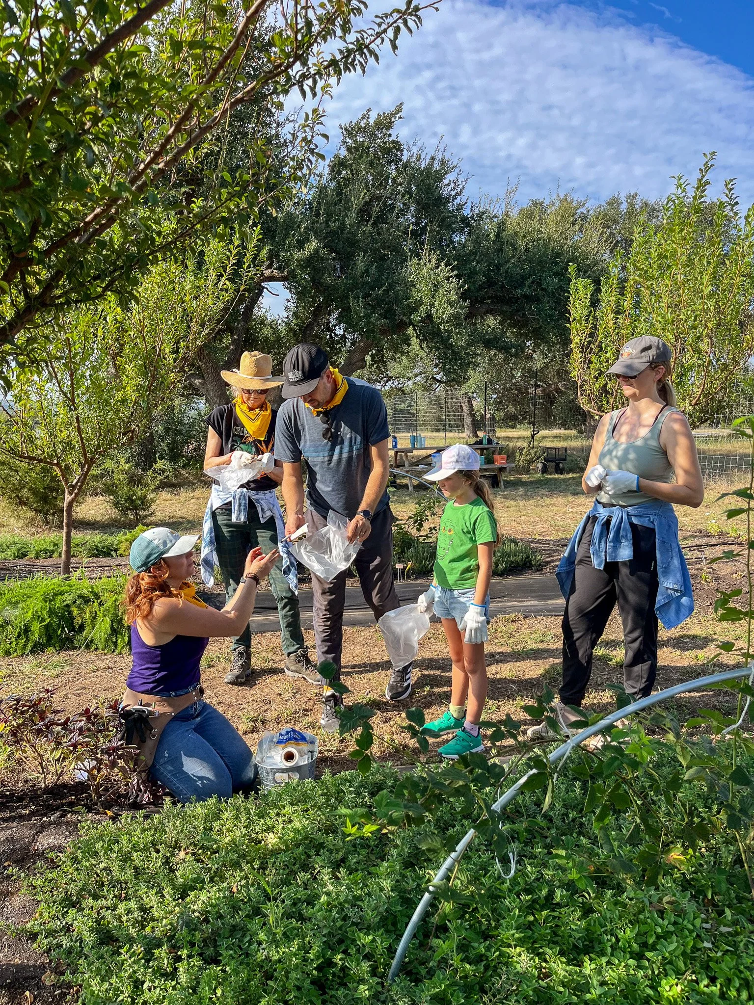 Group of six people, including children and adults, planting or tending to a garden on a sunny day, with trees and garden tools in the background.