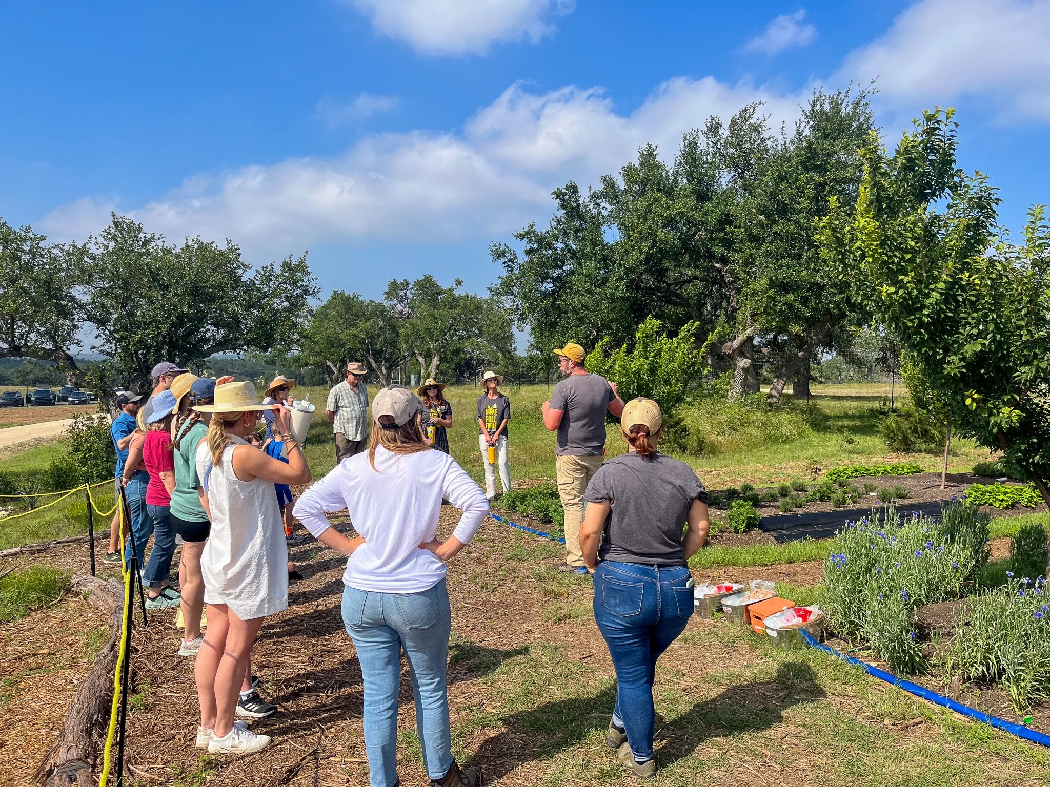 A group of people, including men and women, walking and listening to a guide in a garden or farm with trees and plants, under a blue sky with scattered clouds.