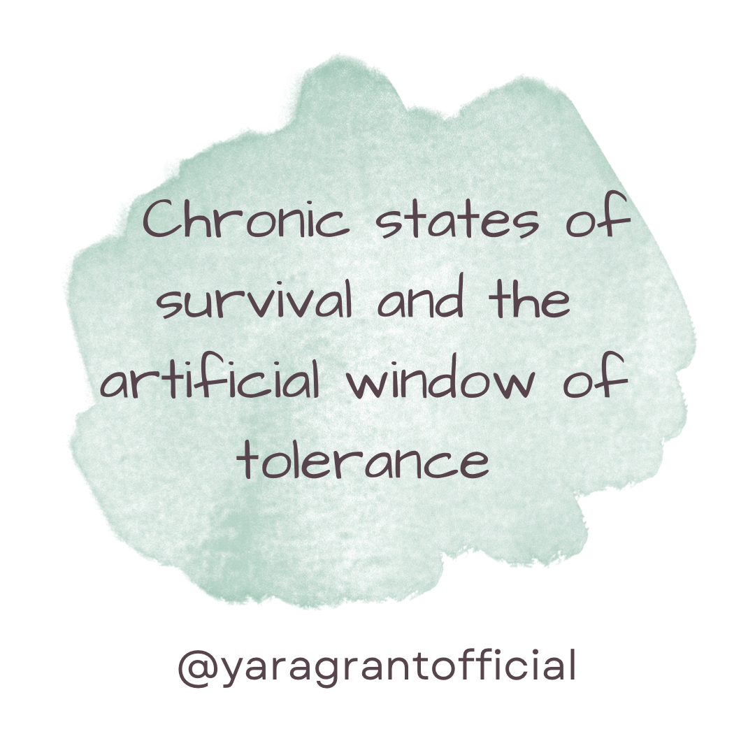      

 
   Chronic states of survival and the artificial window of tolerance  There is much talk about window of tolerance, but very little is said about the artificial window of tolerance.   Window of tolerance is a zone where we feel connected wit