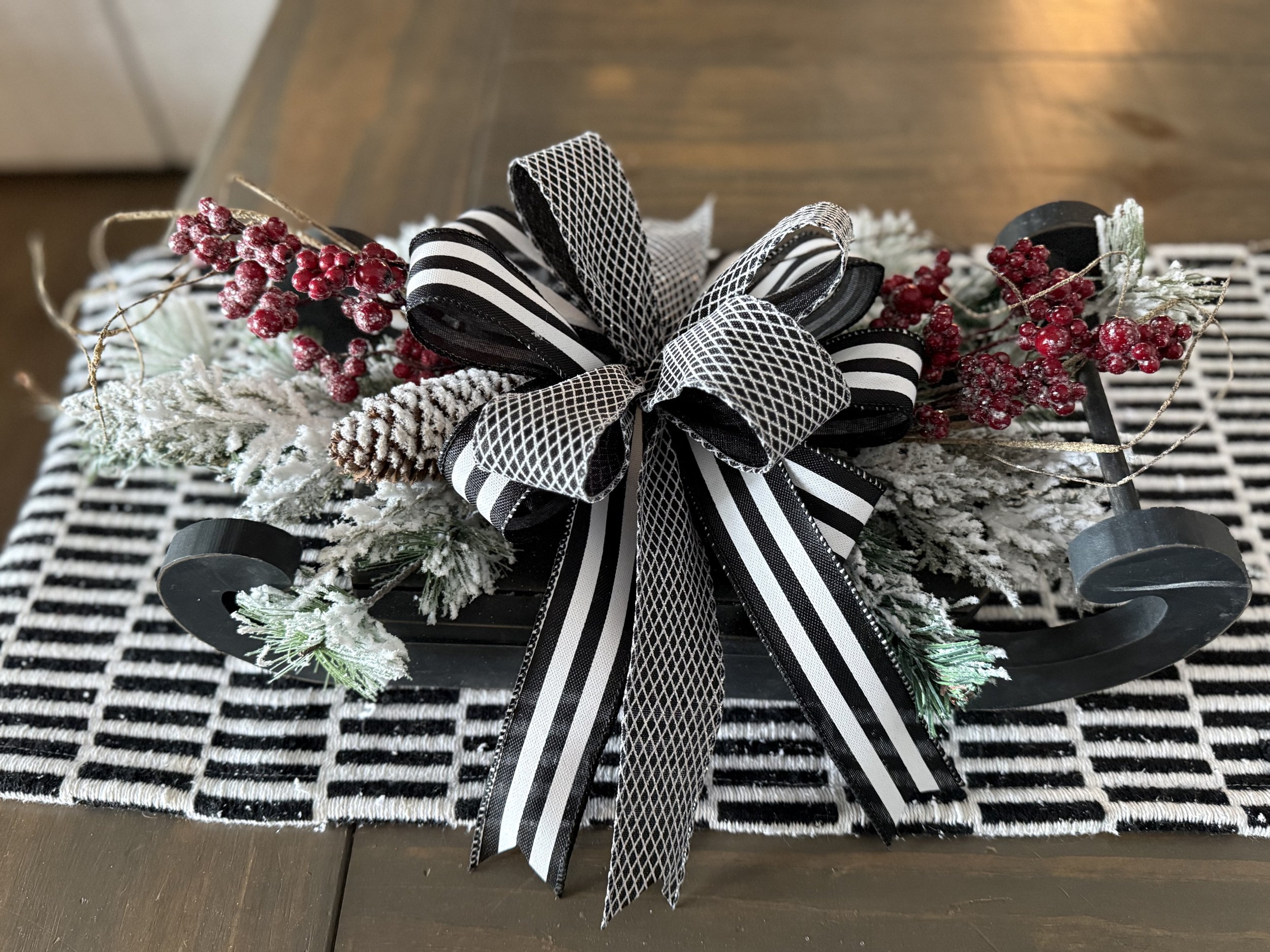Wood Sled Centerpiece with Flocked Pine and Berries