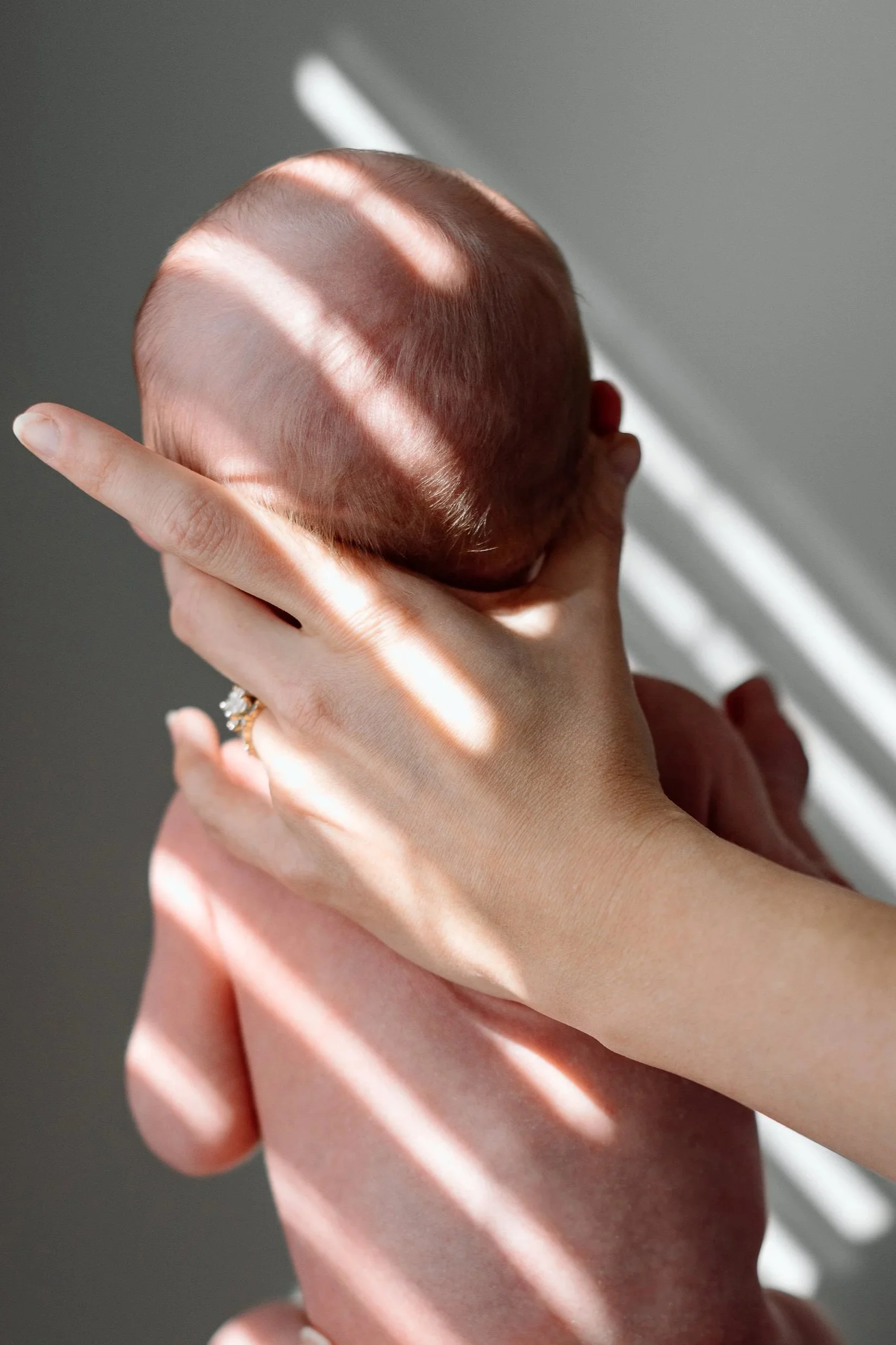 Artistic image of a newborn baby faced away from the camera being supported by mother's hands against a neutral wall with light leaking in from window