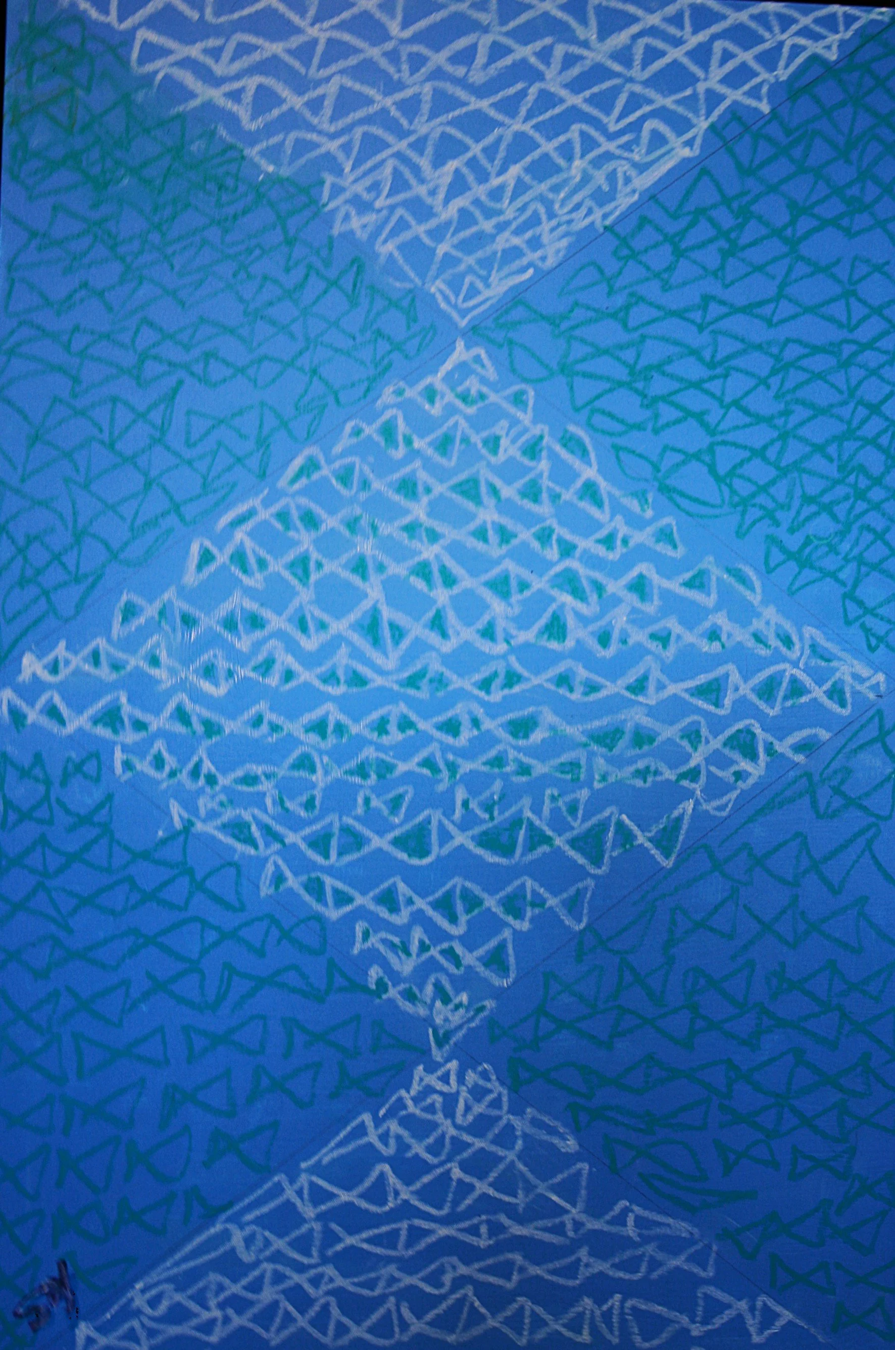  Blue Triangle Pyramid, acrylic and crayon on canvas 