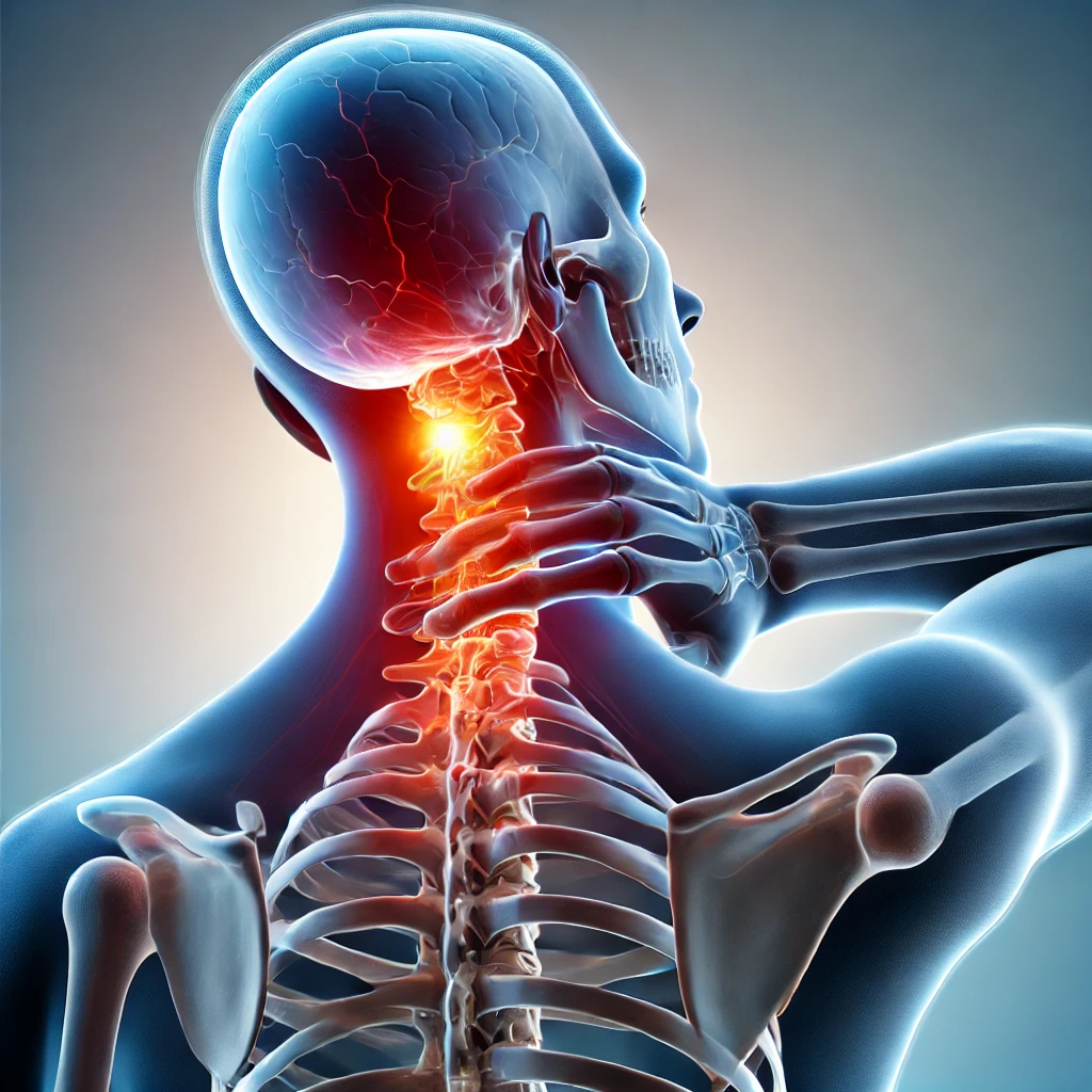 An anatomical illustration of a human upper body and head showing the skeletal and nervous systems, with a focus on the neck and lower skull, highlighting nerve and blood vessel inflammation and pain.