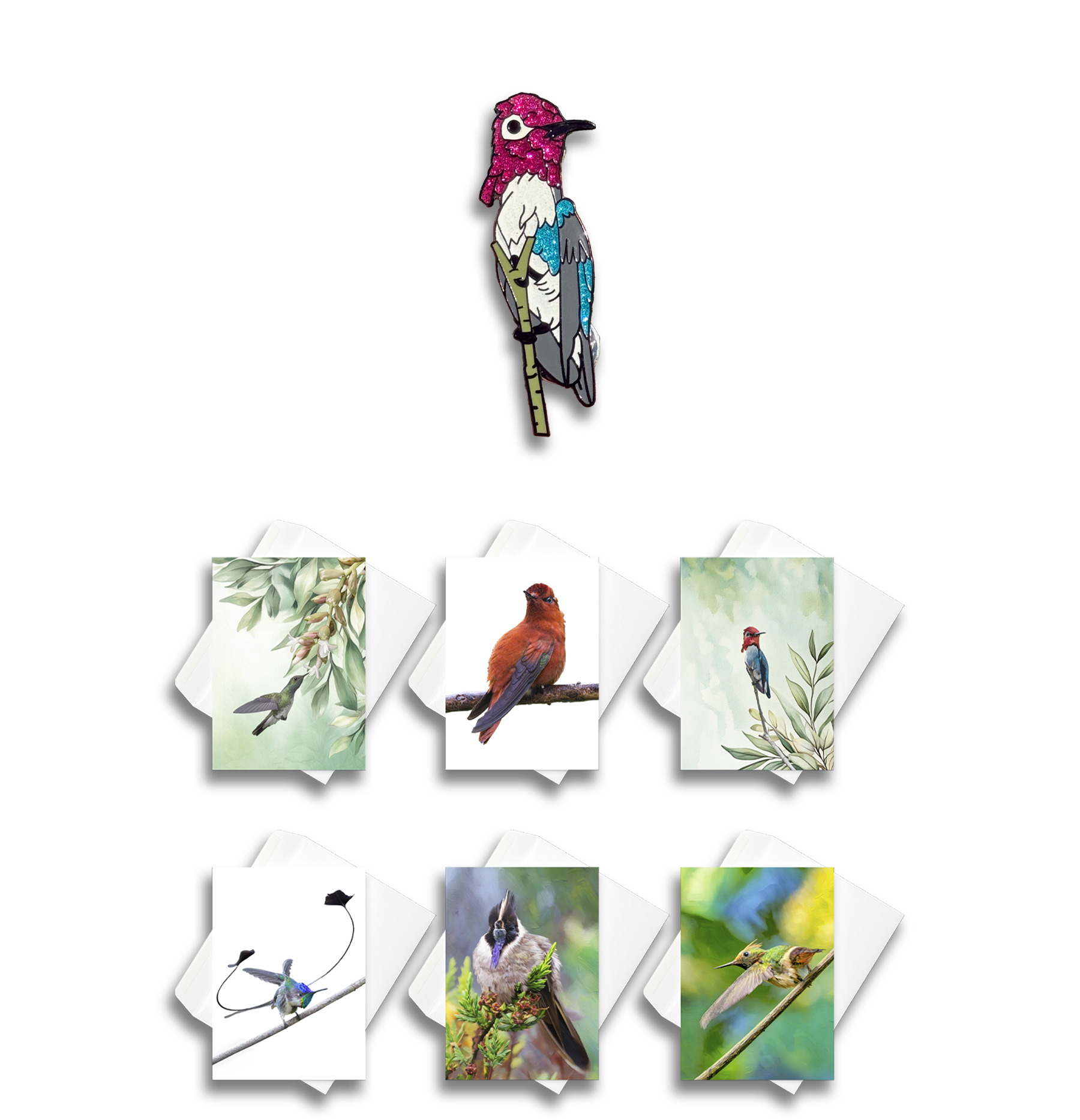 Illustration of a pink and blue bird with a long beak, perched on a branch, surrounded by images of various real birds and nature scenes.
