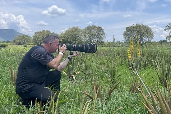 A man taking a photograph with a large camera lens in a grassy field with trees and mountains in the background.