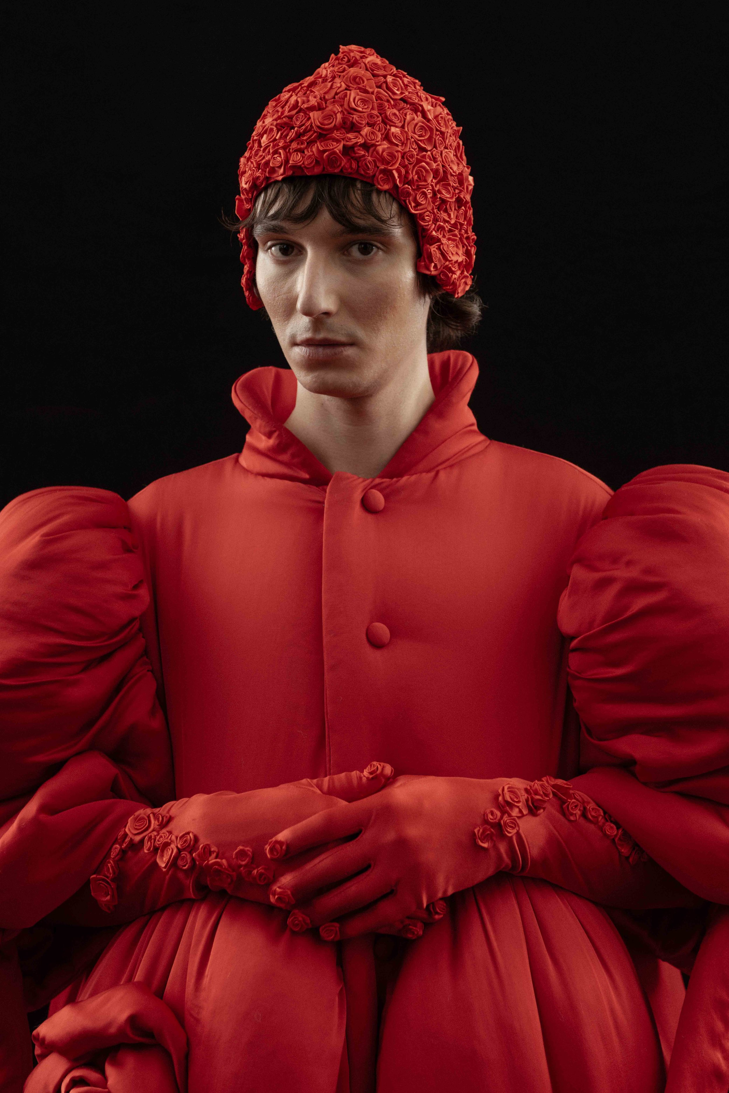 Big reneissance and Cristobal Balenciaga style padded dress by Tuuli-Tytti Koivula with 3D flowers