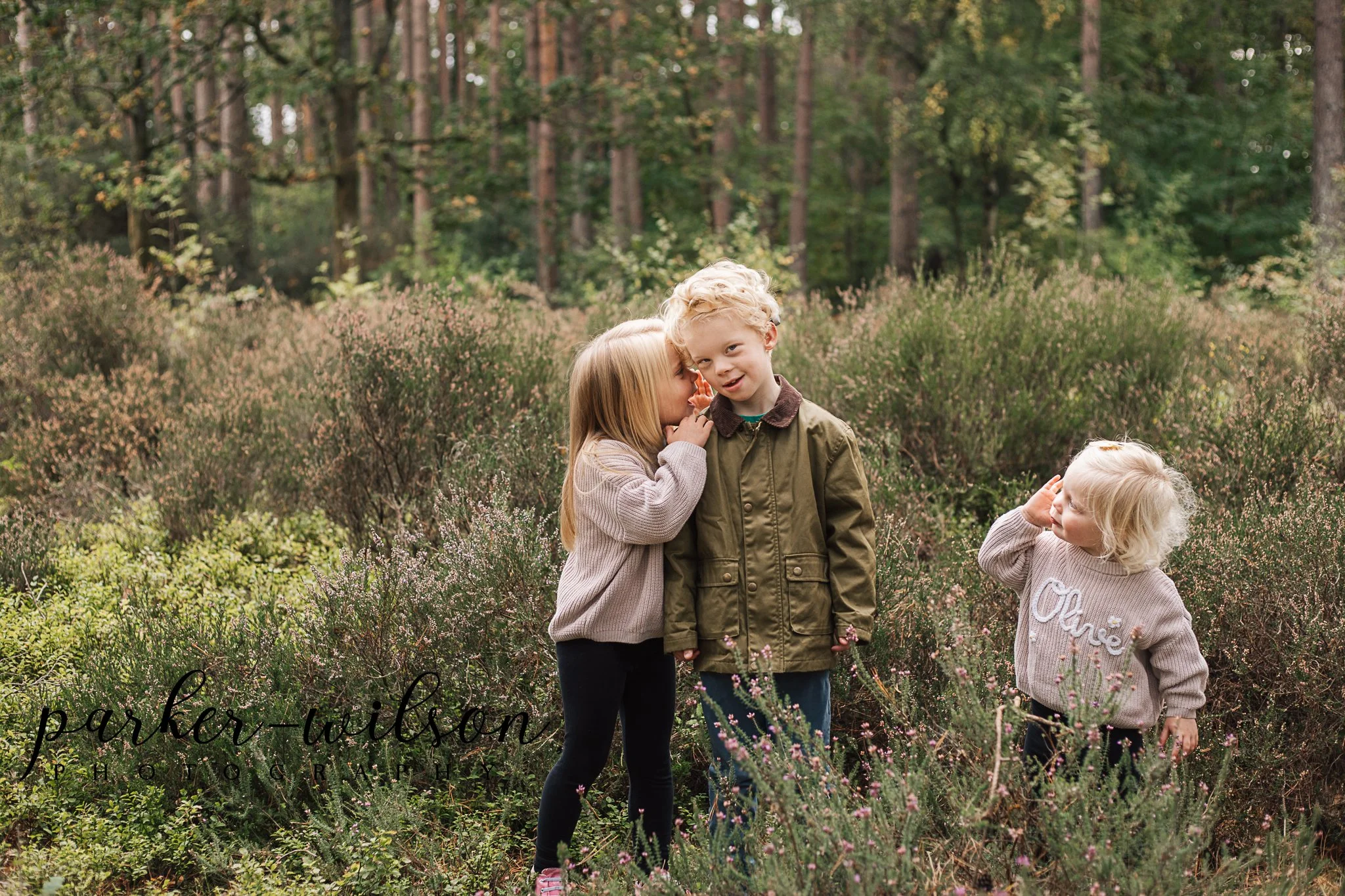 Three kids in the woods for Autumn Mini Session in Newbury, Parker-Wilson Photography
