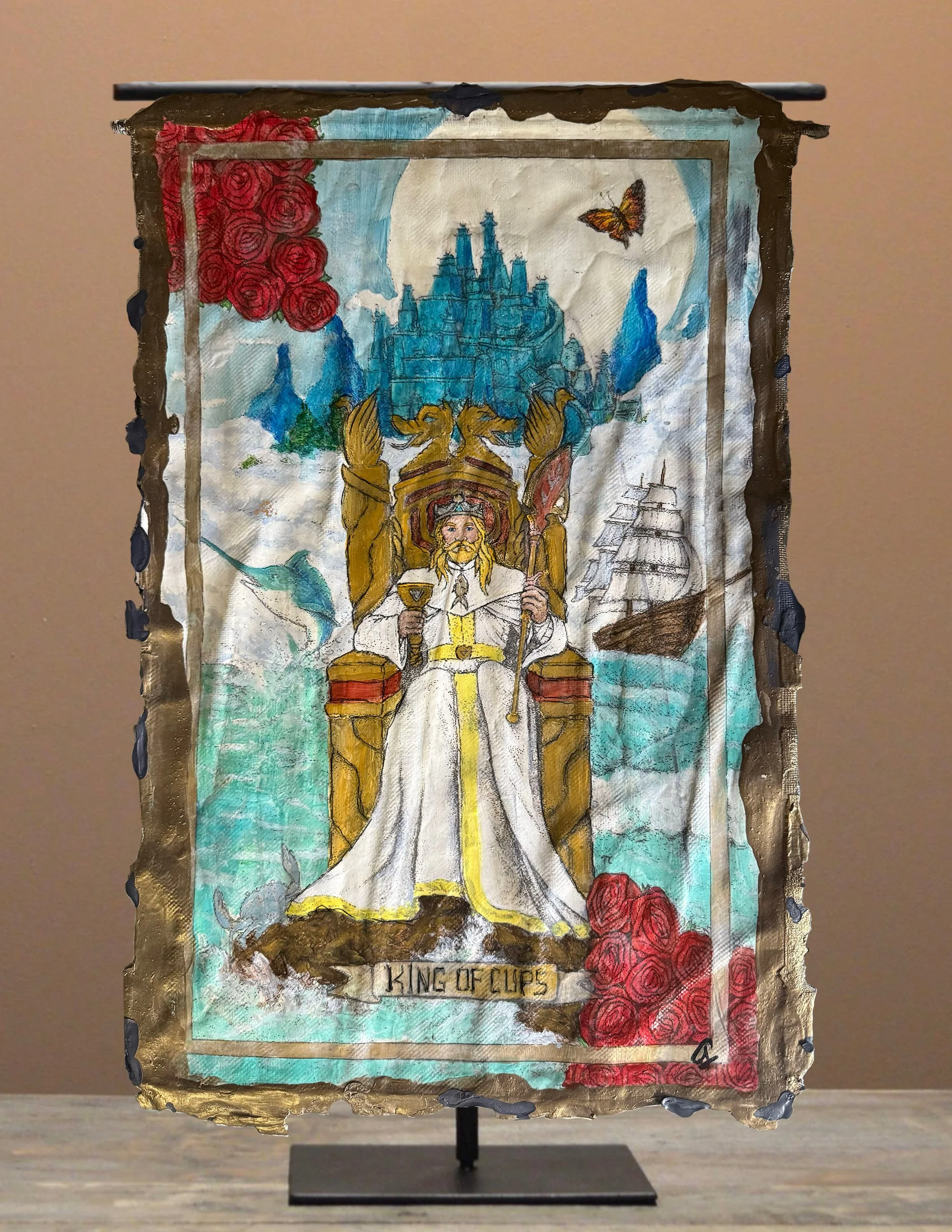 12. Paolo Larussi  -  “The King Of Cups” One of a kind handmade paint skin canvas tapestry. From the “Tarot” series. 17x28" Value: $1600 Starting bid: $888 