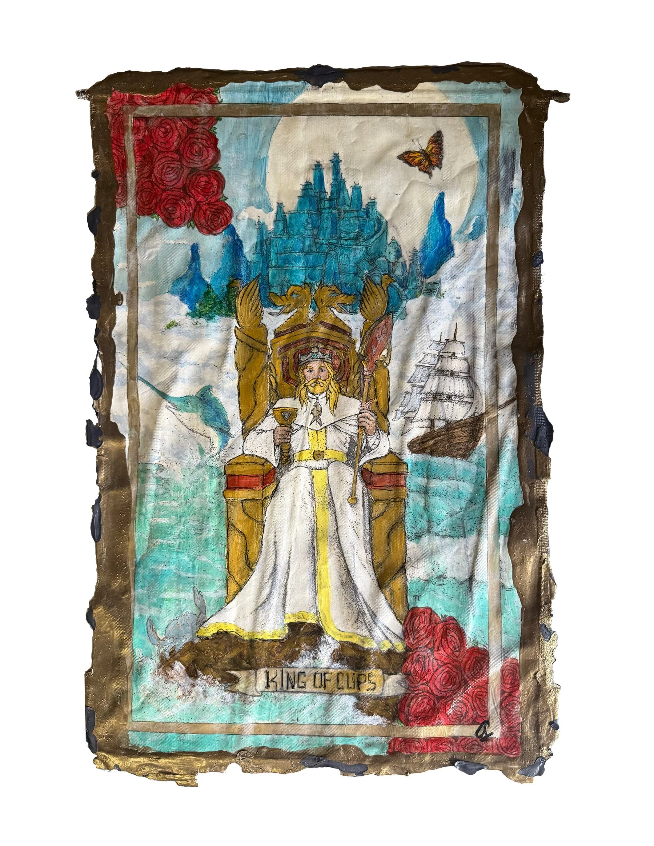 12. Paolo Larussi  -  “The King Of Cups” One of a kind handmade paint skin canvas tapestry. From the “Tarot” series. 17x28" Value: $1600 Starting bid: $888 