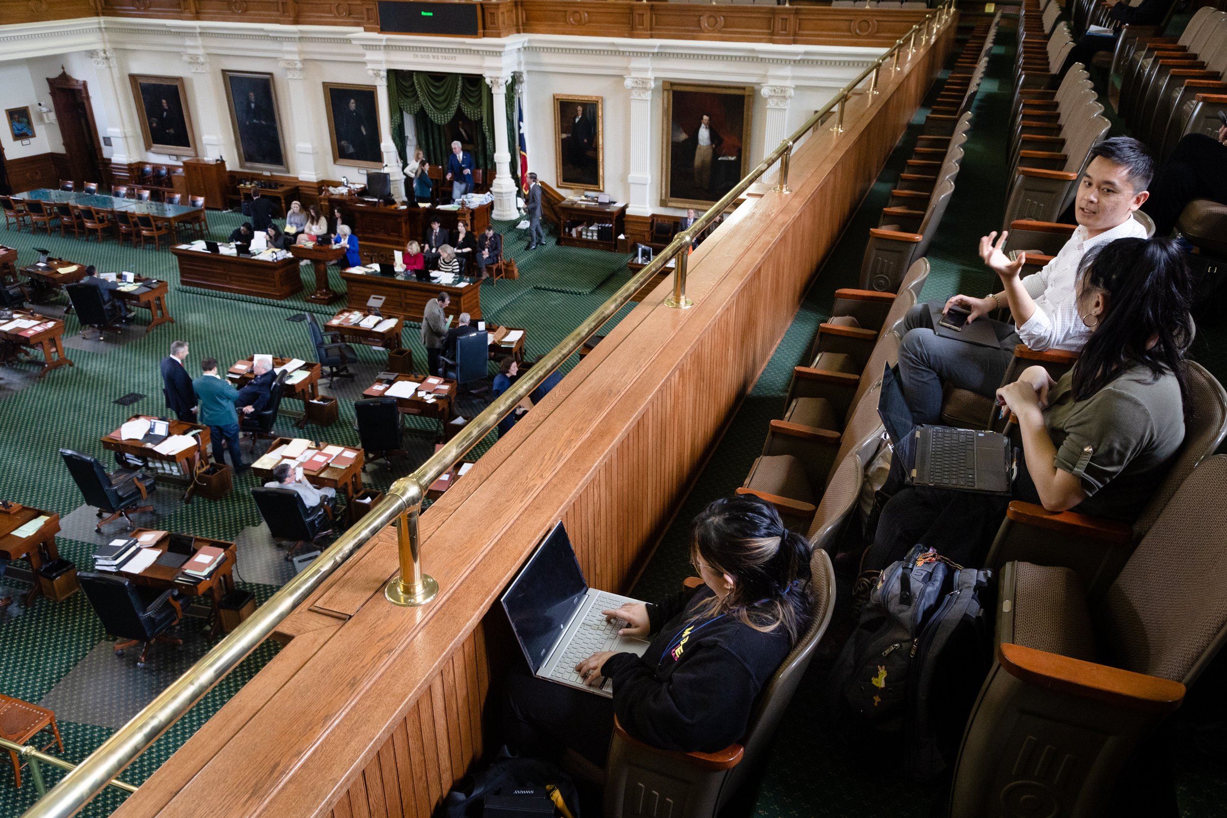  Nicole Ma, Steven Wu, and Quỳnh-Hương Nguyễn of Woori Juntos watch from the Senate gallery as they wait to hear the votes on HB 7 and HB 800, in the state Capitol in Austin on May 22, 2023. The Woori Juntos organizers have shifted focus for the rema