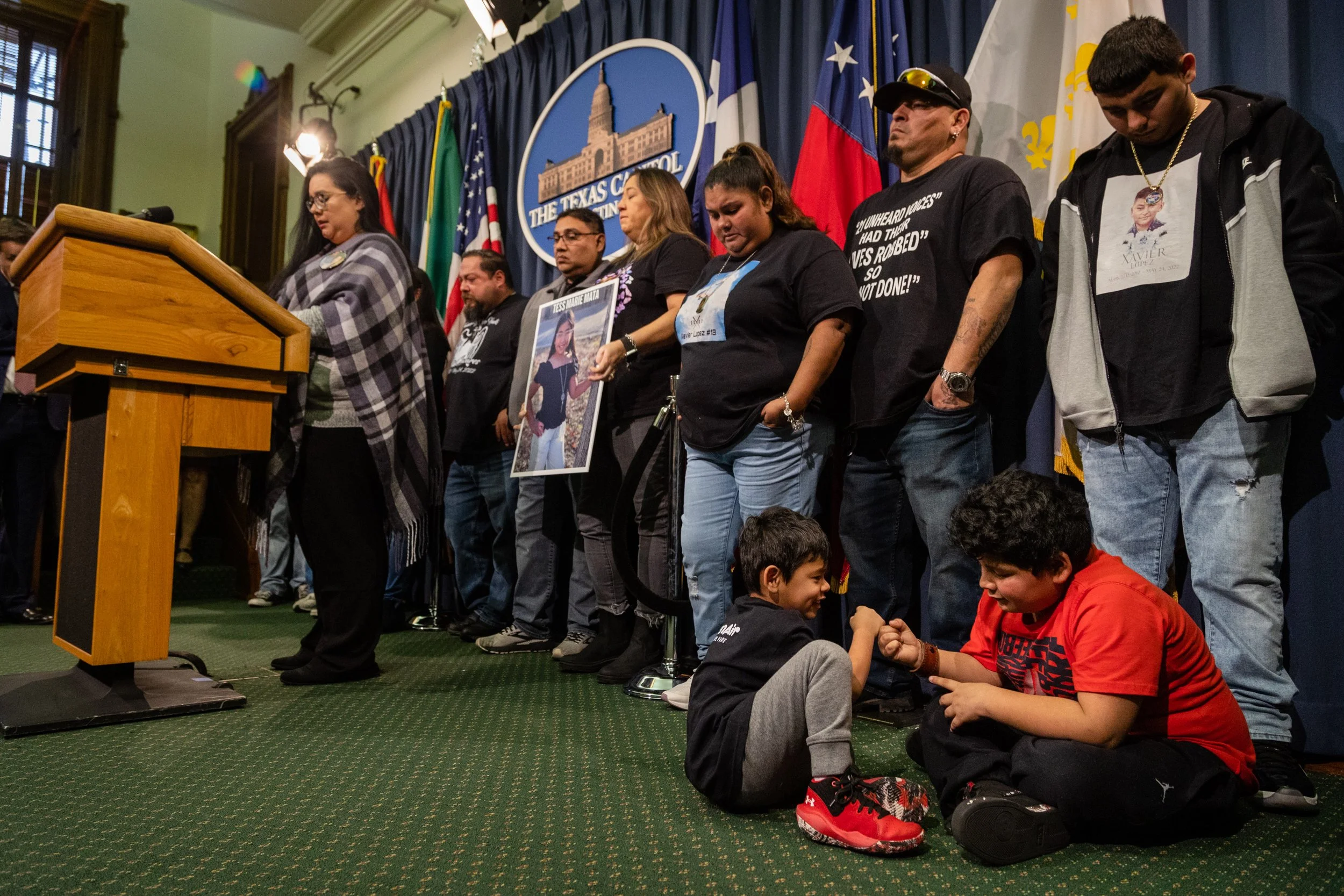  Siblings of Amerie Jo Garza play quietly while the families of the victims of the Uvalde school shooting gather to attend a presser held by state Sen. Roland Gutierrez, D-San Antonio, where he introduced four new bills that will address qualified im