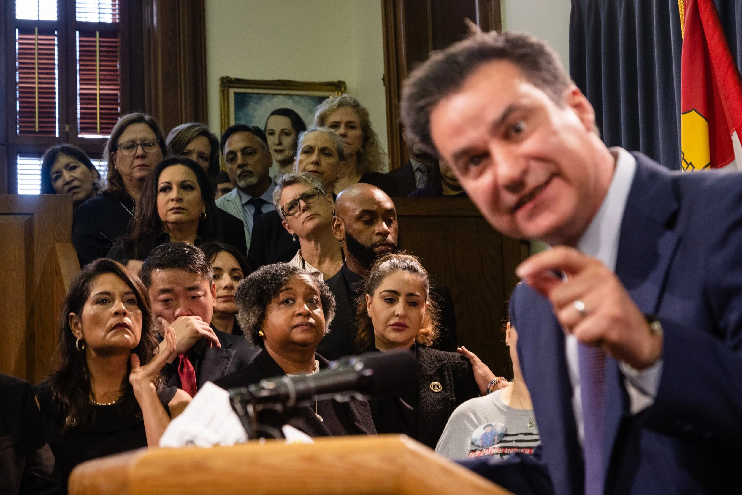  State Sen. Roland Gutierrez, D-San Antonio, calls for action on gun reform, while state representatives and senators listen during a press conference, at the state Capitol on May 8, 2023. 