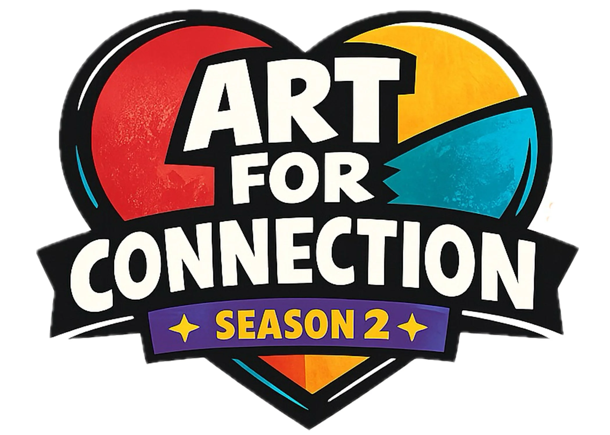 Colorful logo for Art for Connection Season 2, featuring a heart with red, yellow, blue, and orange sections, and text in bold black and yellow fonts.