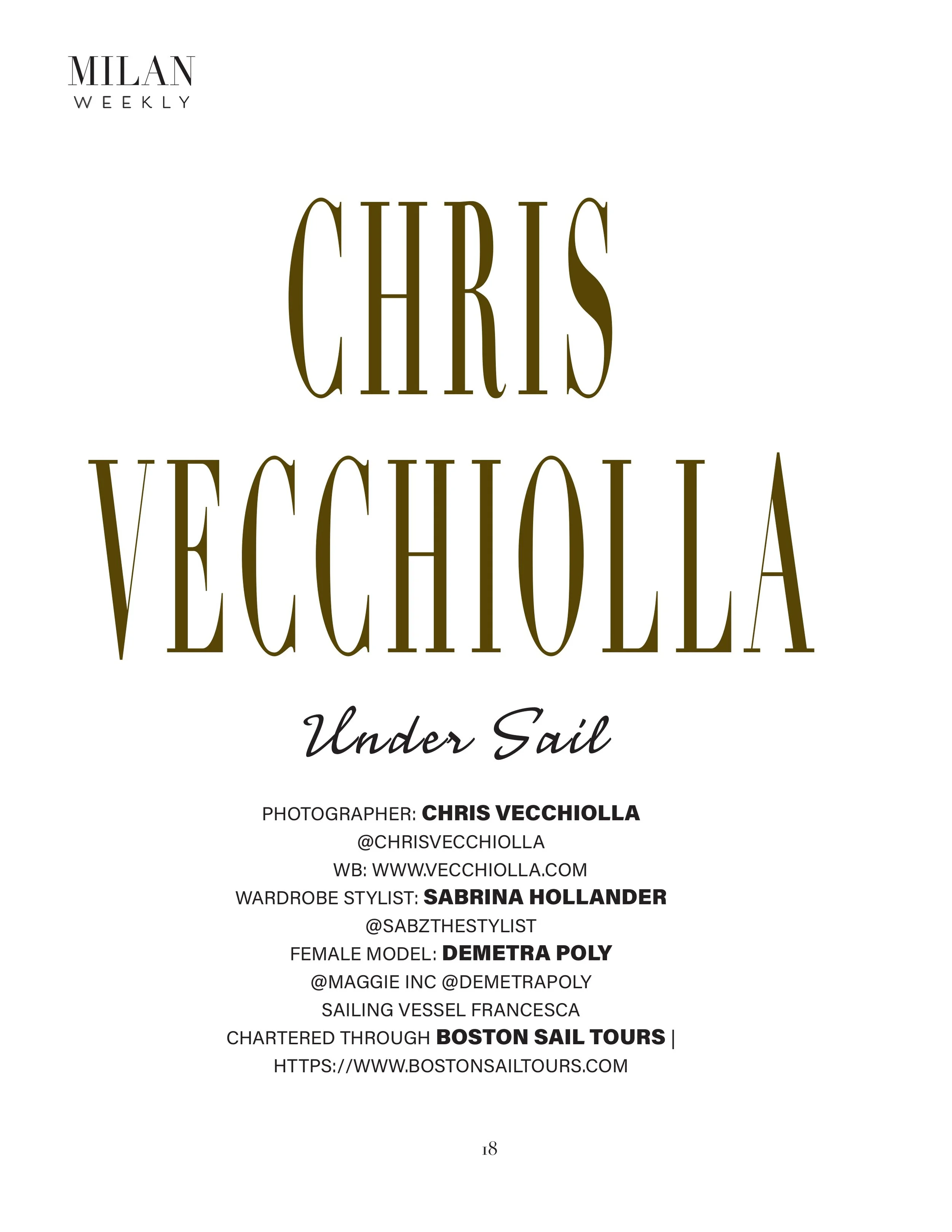 Page from a magazine or brochure featuring the title 'Chris Vecchiolla Under Sail' and details about a sailing trip including photographer, stylist, model, and tour information.