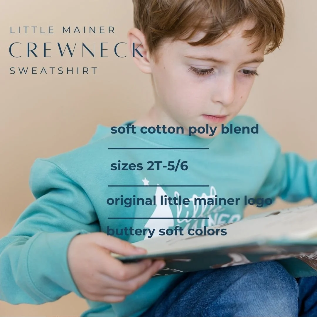 Meet the Little Mainer Crewneck &mdash; the layer every kiddo needs for Maine springtime.

Supersoft cotton/poly blend, cozy enough for chilly mornings, light enough for sunny afternoons.

Available in Navy, Seafoam Green, and Mauve, sizes 2T&ndash;5