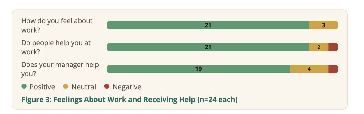 Graph showing answers to: Feelings about work and receiving help, questions asked: How do you feel about work? Do people help you at work? Does your manager help you?