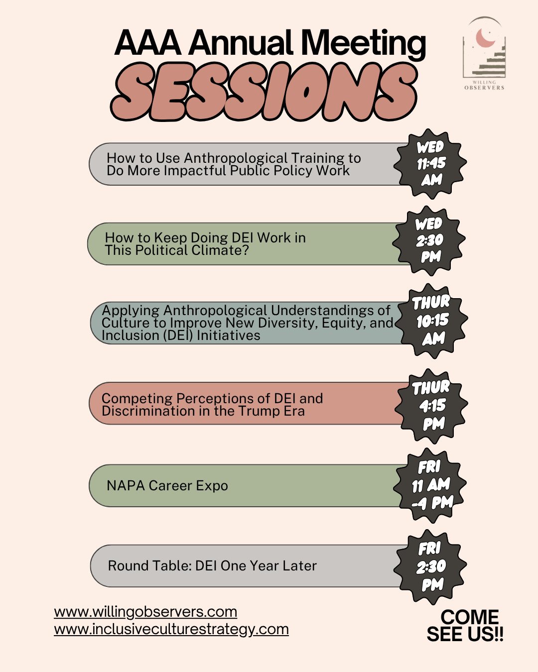 Willing Observers is going to the AAA in New Orleans! Are you going? 🐊

Stop by one of our sessions happening throughout the week or come by our table at the NAPA Career Expo for your chance to win cool prizes and talk to us about DEI &amp; Anthropo