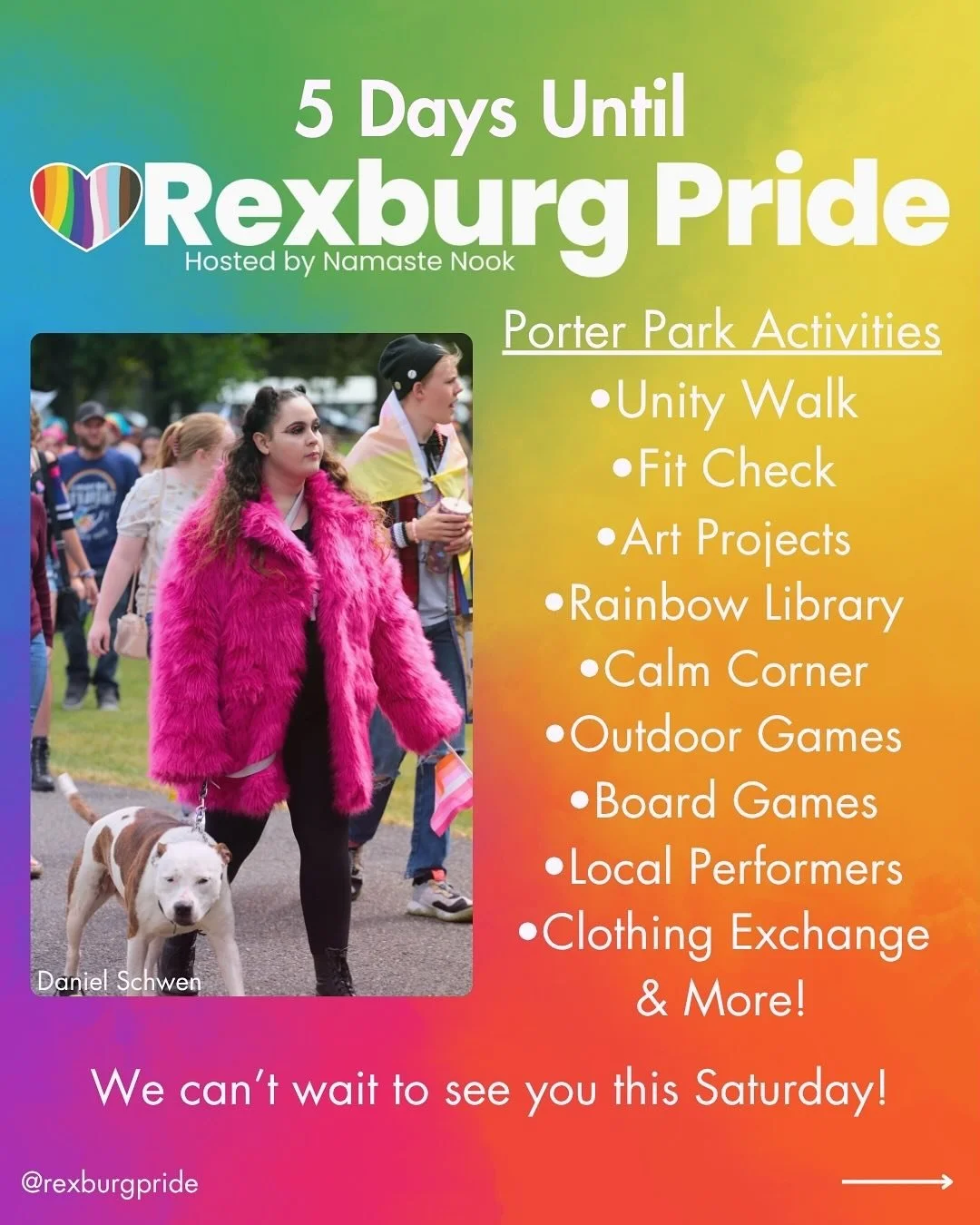 🌈Only 5️⃣more days! This Saturday, join us at Porter Park from 3-8pm for lots of fun, free activities for the whole family. We will also have lots of local performers, organizations, and vendors. Follow @RexburgPride for details about this week&rsqu