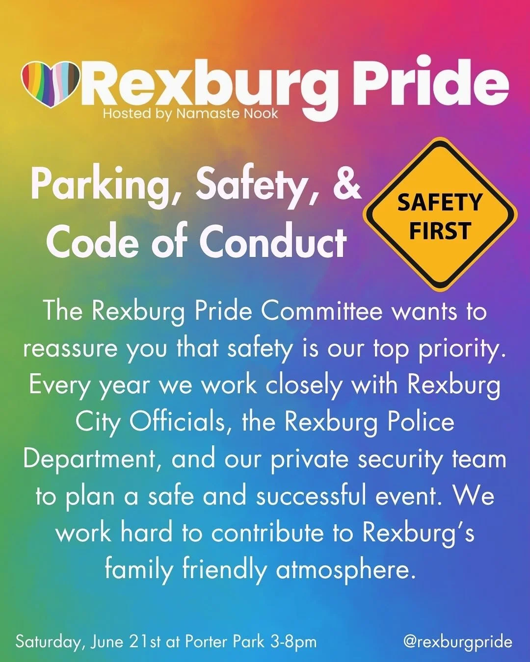 🏳️&zwj;🌈🏳️&zwj;⚧️ Today is the big day! Read over our Parking, Safety, and Code of Conduct Guide. If you have any questions or concerns, look for a Pride committee member in a gray Rexburg Pride t-shirt or a volunteer in an apron!

Follow us and c