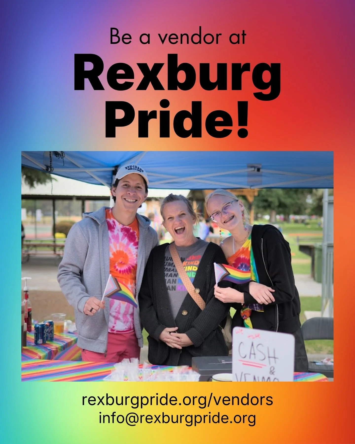 Vendor applications are open! Join us at Porter Park on Saturday, June 20th. Secure a spot at Rexburg Pride 2026 by going to rexburgpride.org/vendors! 

#RexburgPride #RexburgPride2026 #RexburgLGBTQ #IdahoLGBTQ #RexburgCommunity