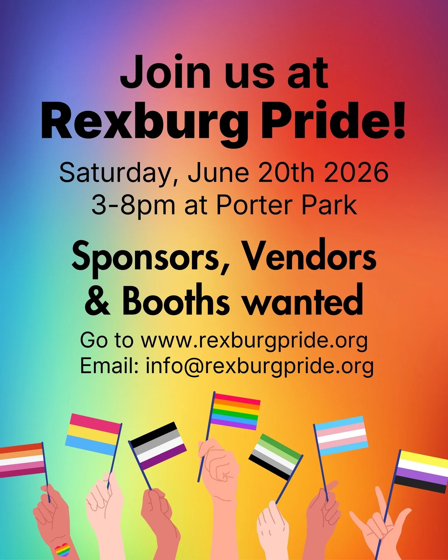 We are looking for sponsors, vendors and booths for #RexburgPride2026! Booths start at $35 (free for nonprofits) and sponsorship tiers start at $150! Go to RexburgPride.org to claim your spot! 

#RexburgPride #RexburgLGBTQ #IdahoLGBTQ #RexburgCommuni