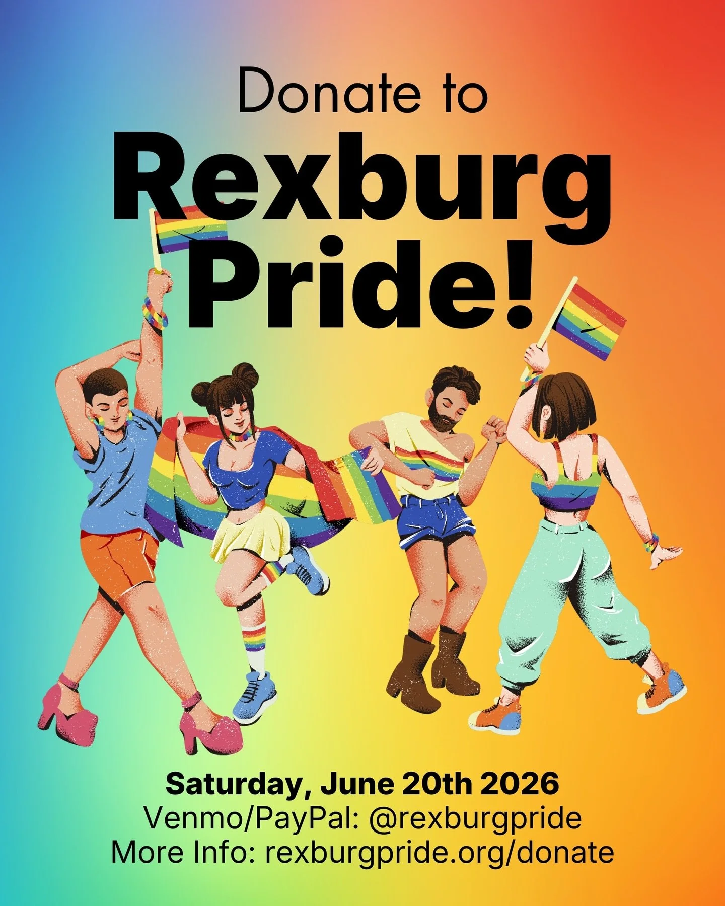 🎉Our Venmo is finally working!🎊 Now you can donate to @rexburgpride on Venmo, PayPal or on our website RexburgPride.org/donate to make a one-time or monthly donation! Support our LGBTQ+ community and help make Pride 2026 the best family-fun fest po