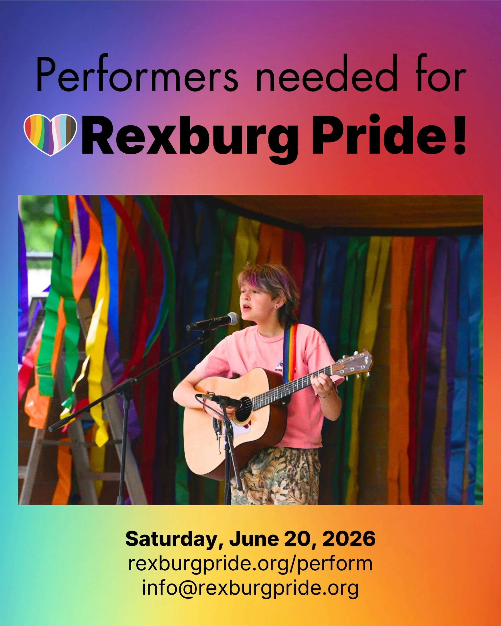 🕺🏽🎸ATTENTION Singers, dancers, musicians, story tellers, and other performers! We want YOU to apply to perform at #RexburgPride2026! Share your talents with the community at our Pride Fest on Saturday, June 20th! Just go to rexburgpride.org/perfor