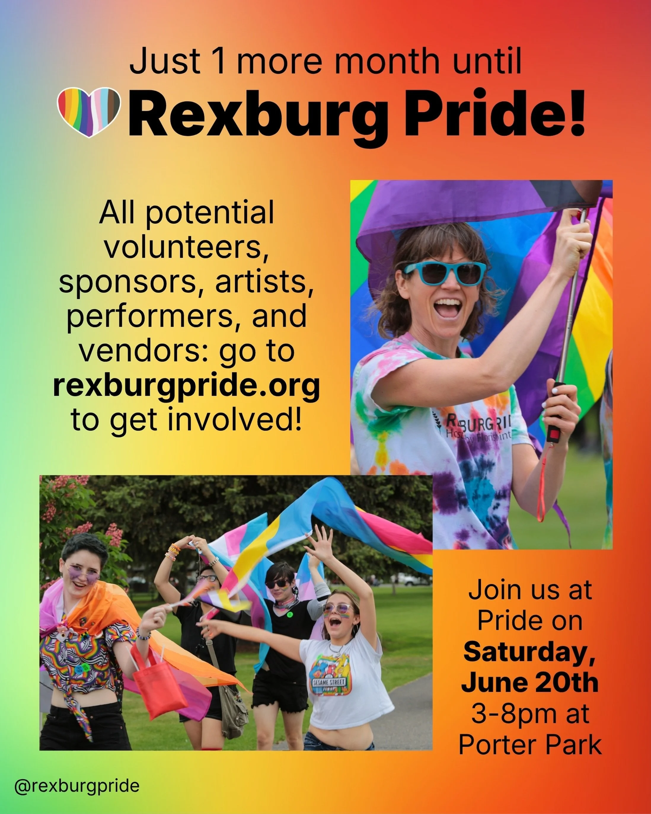 🌈Rexburg Pride is in 1 month! We are still accepting sponsors, sticker art, performers, vendors, nonprofits, and of course volunteers! Go to rexburgpride.org to see how you can get involved or share your good memories of past Pride fests! Link in bi