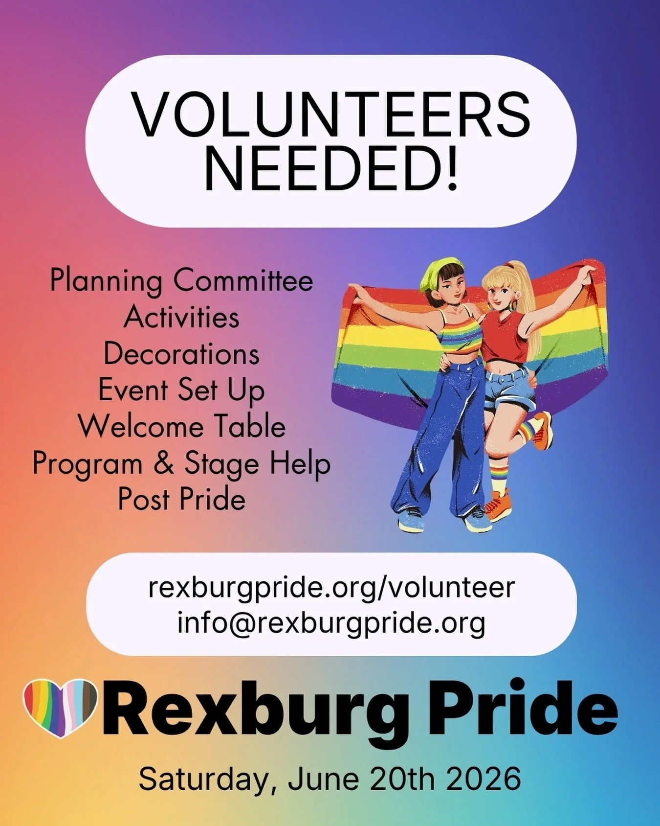 #RexburgPride is coming up fast and we need your help to make it run smoothly! If you are interested, just go to RexburgPride.org/volunteer and let us know your preference from Planning Committee, Activities, Decorations, Event Set Up, Welcome Table,