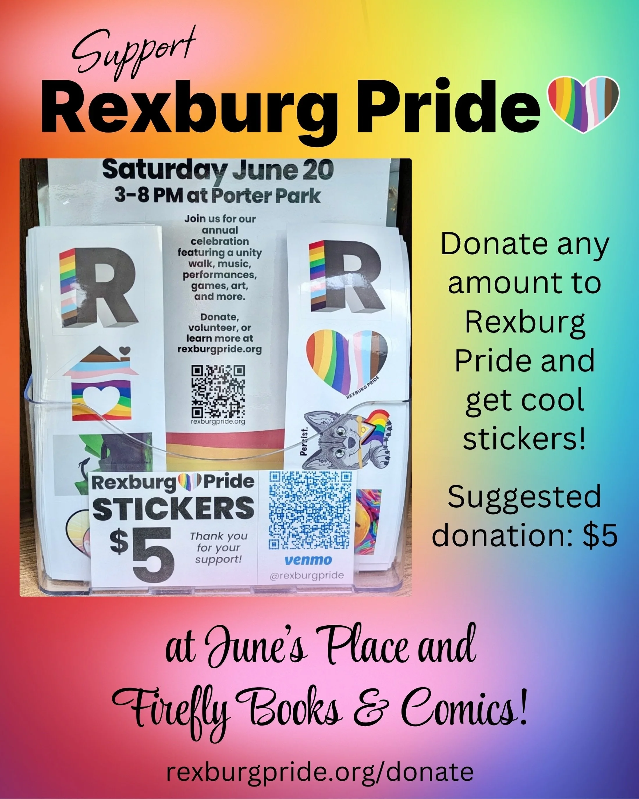 Go to Firefly Books &amp; Comics on College Ave or June&rsquo;s Place on Main Street to get your own Rexburg Pride stickers! Donate any amount to snag our awesome 2025 stickers designed by local artists. Just scan the QR code or tap the link in our b