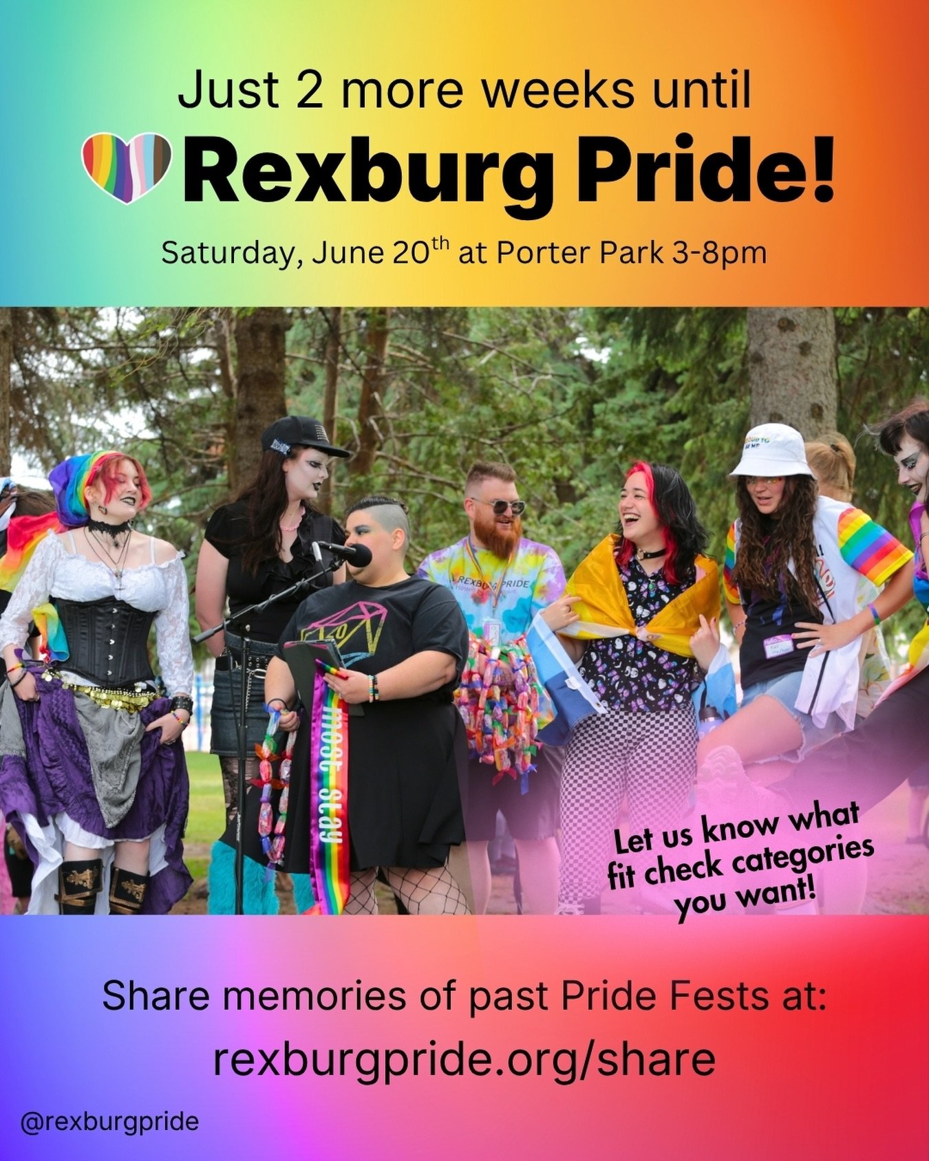 ✨There&rsquo;s only 2 weeks until #RexburgPride!! Share your good memories at rexburgpride.org/share! Also, tell us what fit check categories you want! Last year we had:
🍄Cottage Core/Fantasy
👠Best Shoes
🐱Best Pet Outfit
💄Best Hair/Makeup
and ove