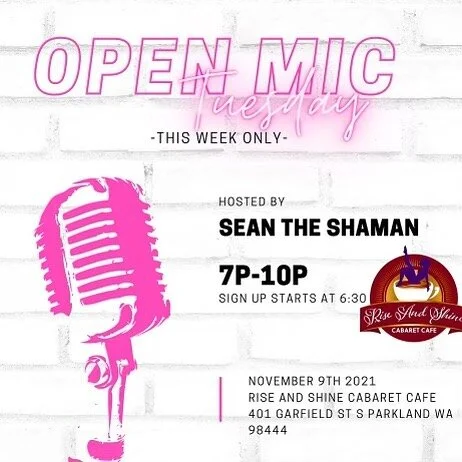 Wow!! 
Open mic is moved to Tuesday this week!! It&rsquo;s a special edition with some &ldquo;Taco Tuesday&rdquo; surprises. 

All poets, singers, musicians, comics, rappers, and artists of any medium&hellip;. Pull up to @riseandshinecabaretcafe and 