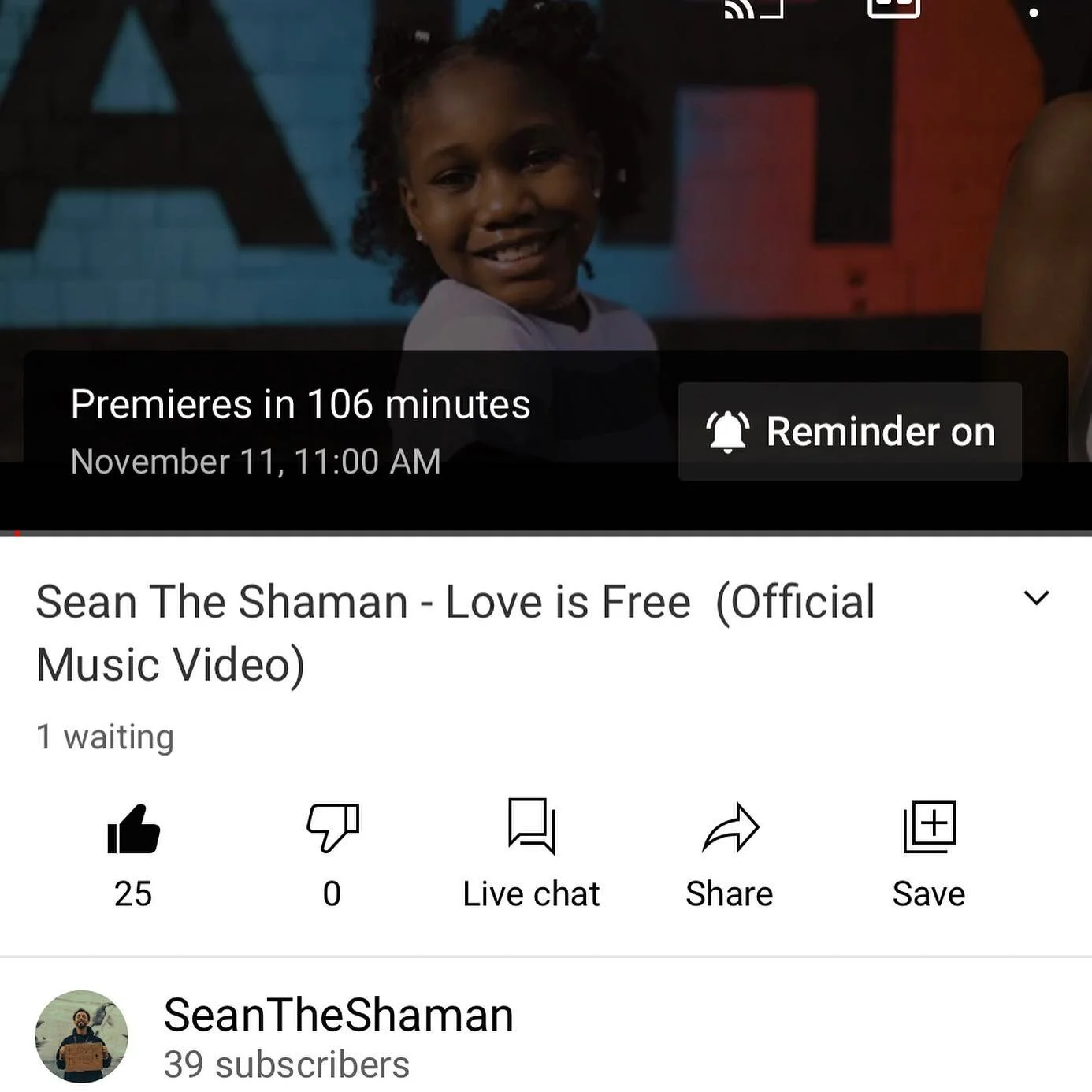 We are less than 2️⃣ hours away from the OFFICIAL PREMIERE of my music video for LOVE is FREE!!

Please spare a moment to head on over to @youtube and search &ldquo;SEAN THE SHAMAN LOVE is FREE&rdquo; 

+set reminder ✅ 
+like the video✅
+comment on t