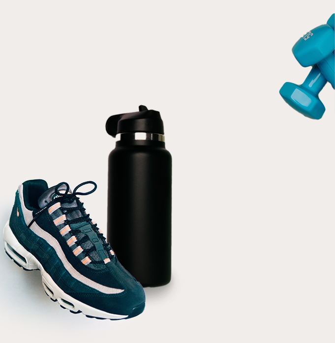 background image with sneaker, water bottle, and weights