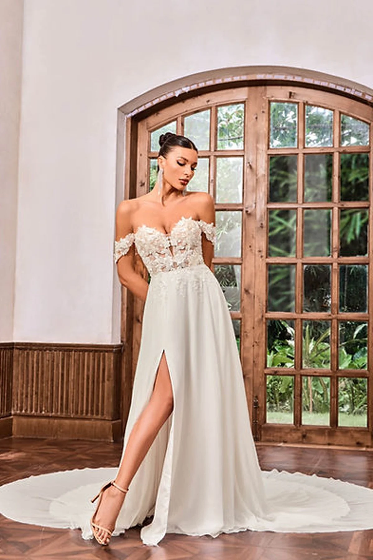 ON SALE Jess Adore Ivory Lace and Chiffon Gown with Off Shoulder Sleeves - Size 14