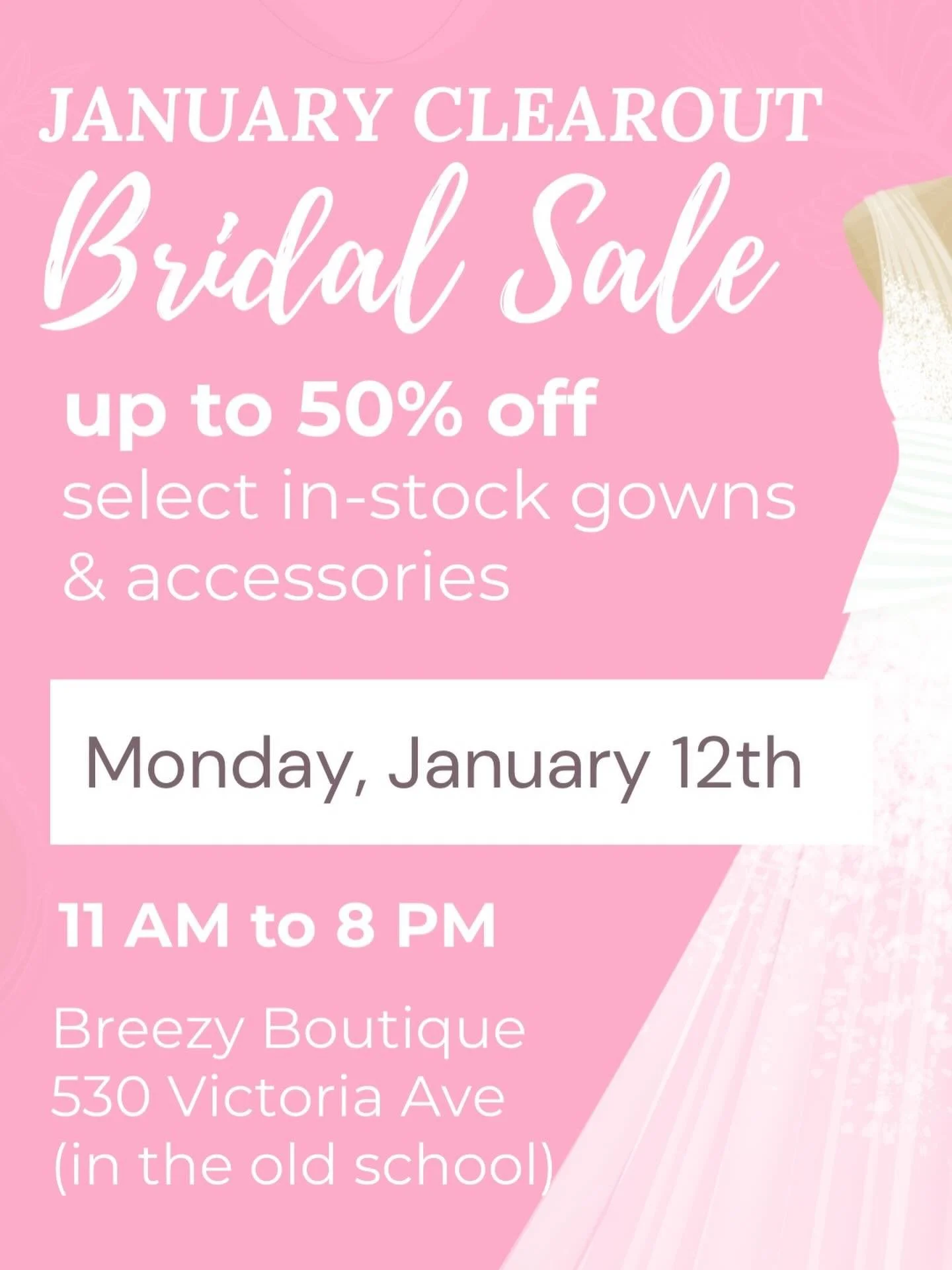 Stop in tomorrow from 11-8 (no appointment needed) to see our sale gowns. Located at 530 Victoria Ave in Chatham, in the old school. **All sale gown purchases are final sale.