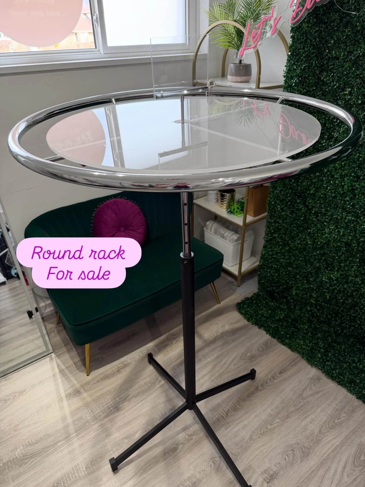 Selling this nearly new round rack, 36&rdquo; diameter and adjustable height from 48&rdquo;-68&rdquo;. Also includes the clear topper shelf and sign holder. Just didn&rsquo;t work well for my space. Thought I&rsquo;d see if any retailers here might b