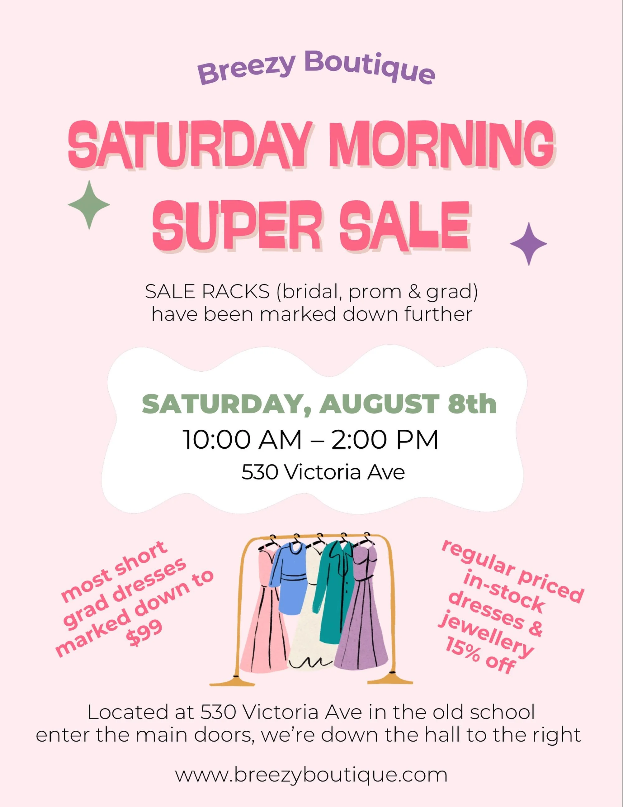 This Saturday 10-2! Come see the great deals on our sale racks, you&rsquo;ll find a selection of bridal, prom and grad dresses starting at $75! Also, in stock, regular priced gowns and jewelry will be 15% off. (No appointments needed, but there may b