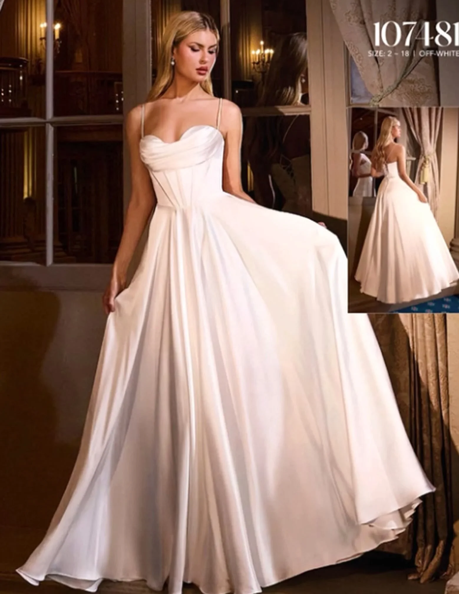 This dress has it all! Simple and sophisticated silky satin A-line gown with gathered bust, basque waist, spaghetti straps, and corset back. Sample size 12 by Cinderella Ladivine. #bridalgowns #weddingdresses #offtherackbridal #breezyboutiqueco