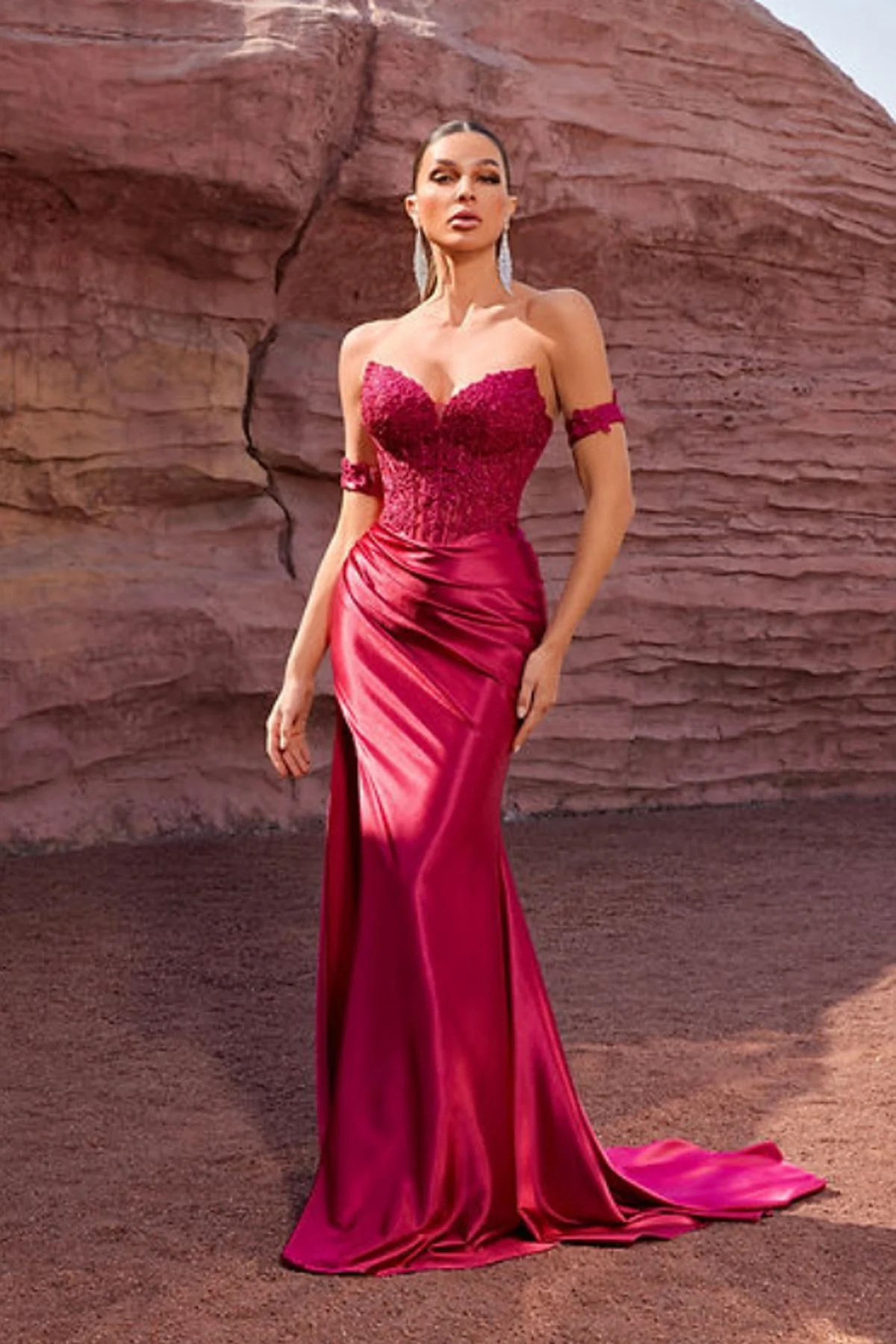Strapless Wine Satin Fit to Flare With Embroidered Bodice - Size 6