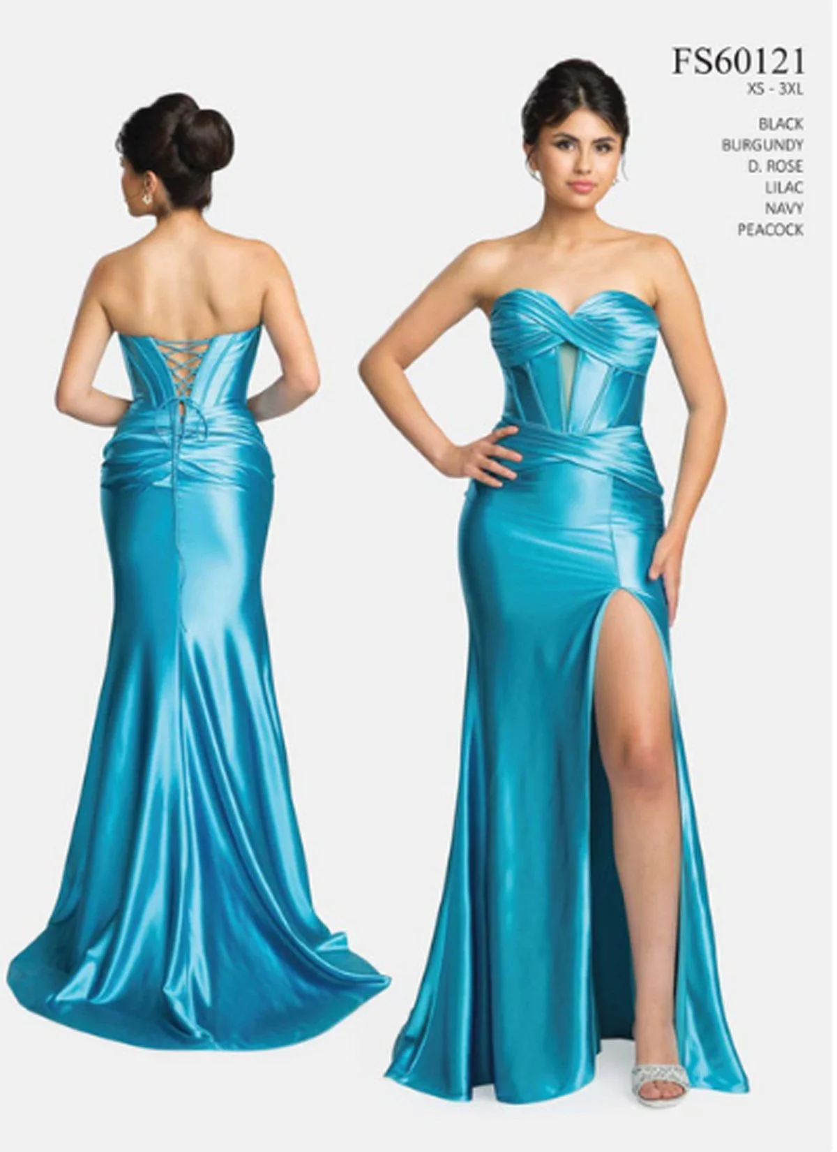 Peacock Blue Strapless Stretch Satin Gown with Corset Back - Size Small