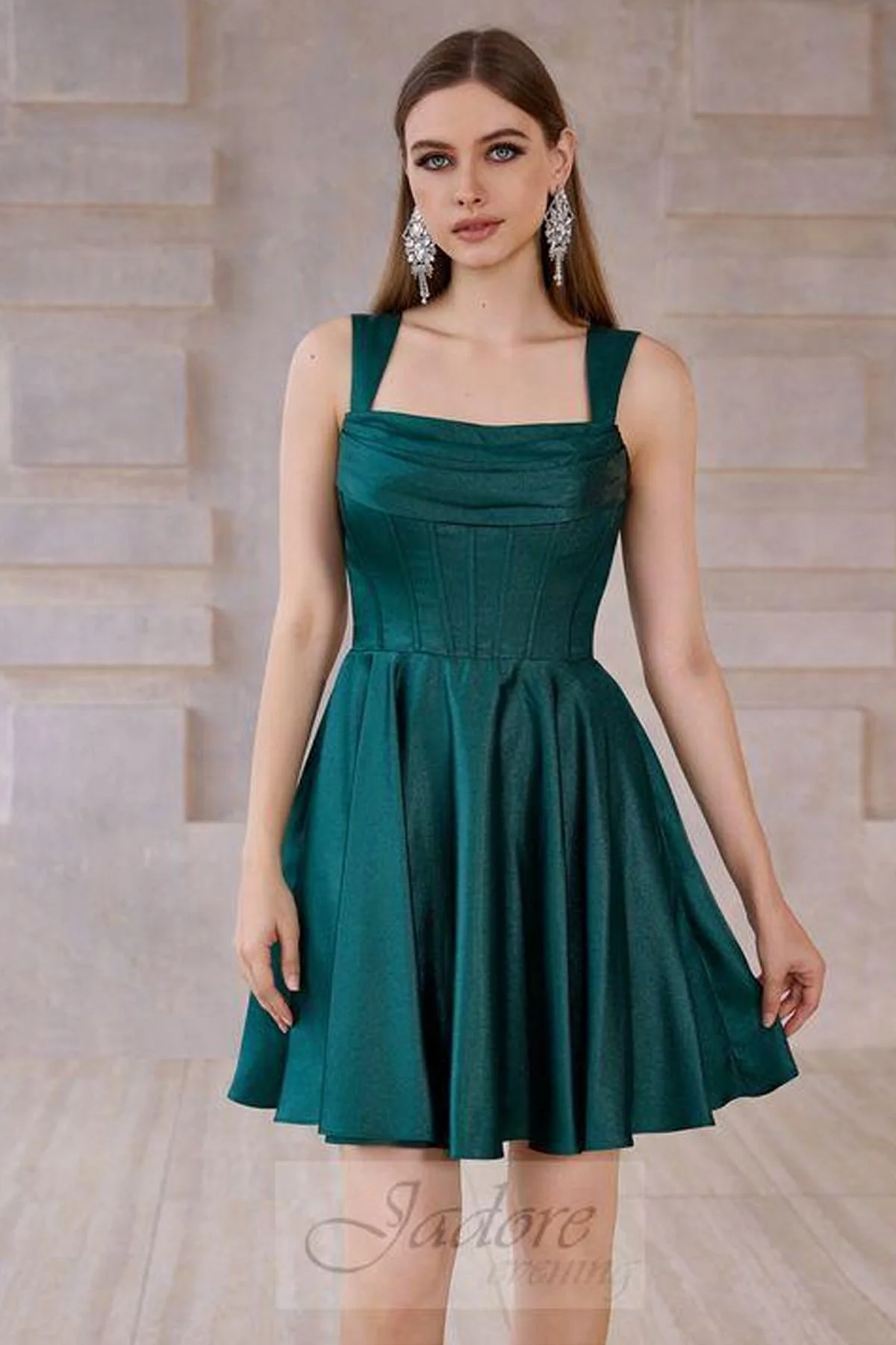 Simple Square Neck Satin Dress With Straps in Emerald - Size 20