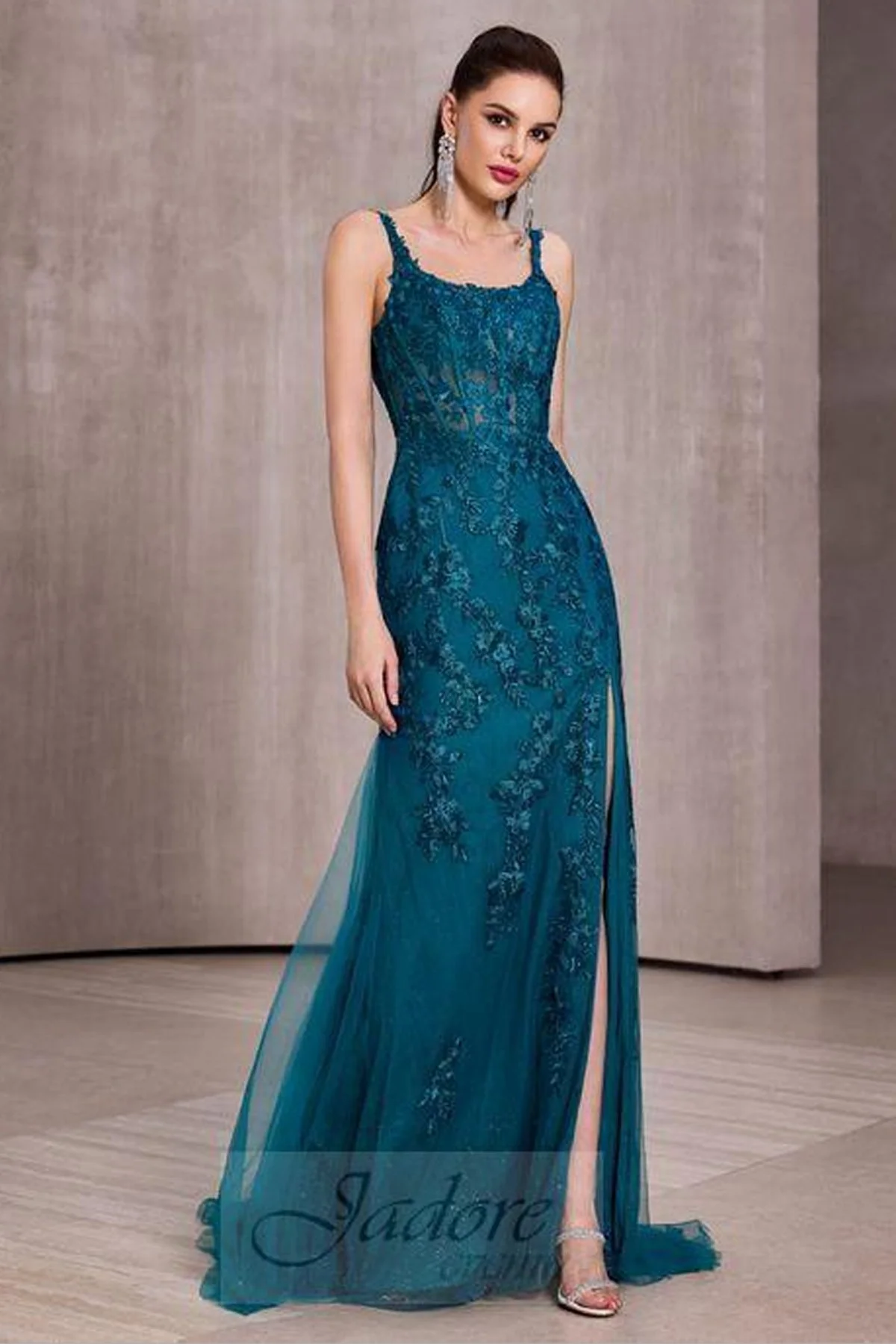 Tulle and Lace Embroidered Square Neck Fit and Flare Gown in Teal - Size 4